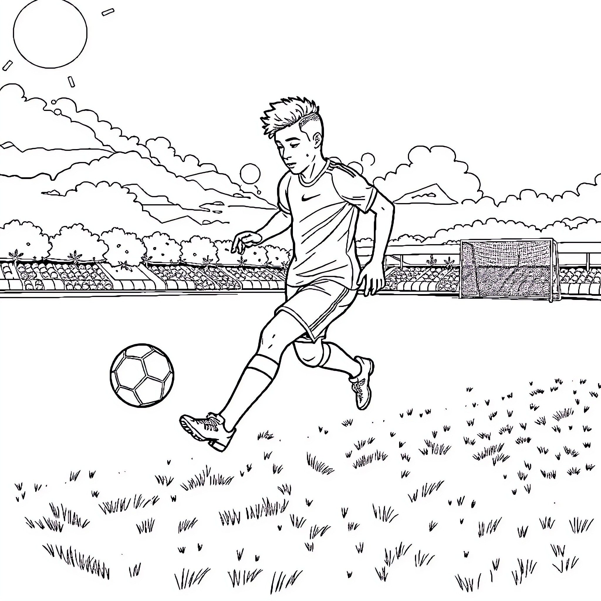 Lamine Yamal playing soccer in the stadium Coloring Page (free black-and-white line drawing printable PDF for all, from beginners to advanced learners, including children, teens, adults, and seniors)