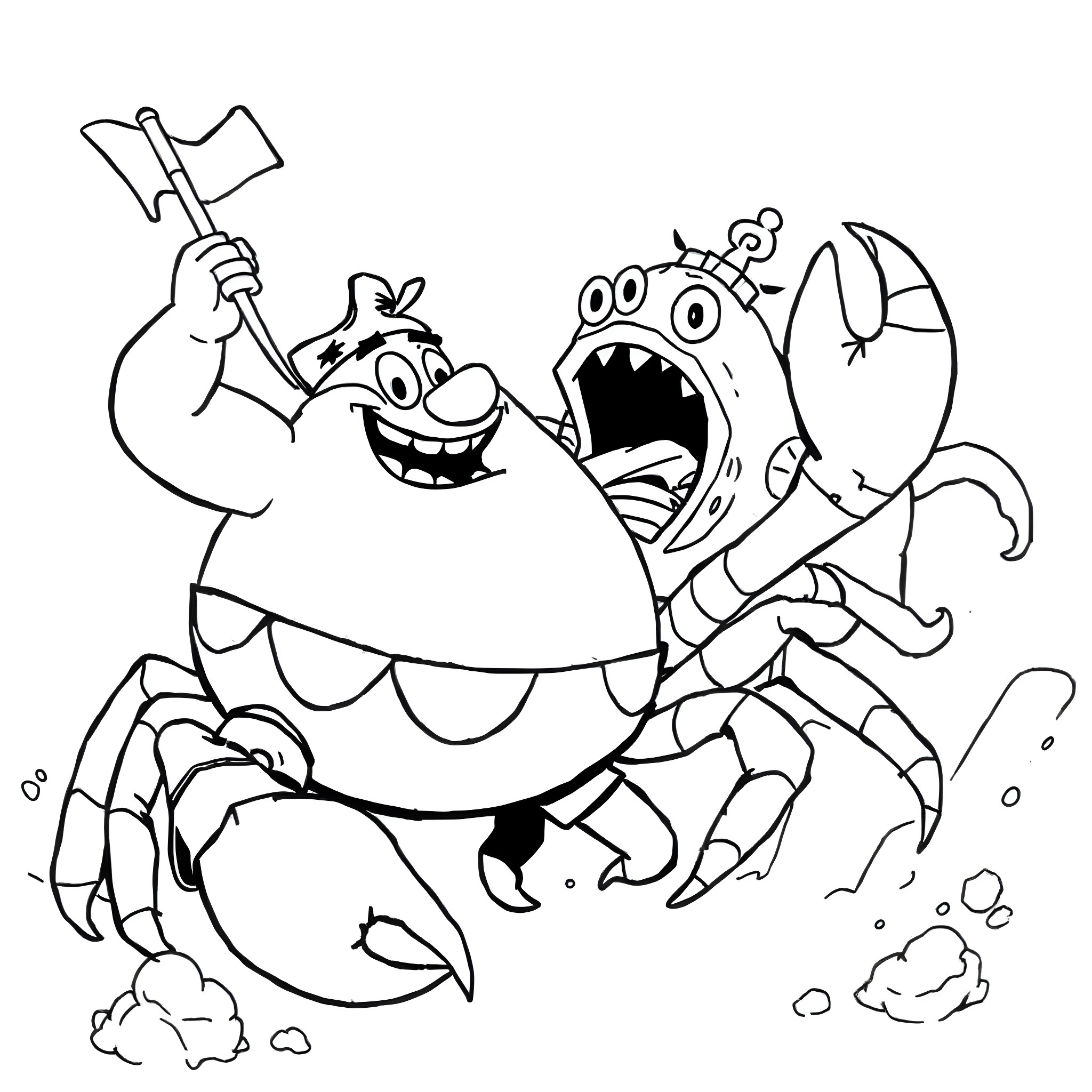 Captain Underpants and His Robot Sidekick Defeat Fearsome Crustacean Foes Coloring Page (free black-and-white line drawing printable PDF for all, from beginners to advanced learners, including children, teens, adults, and seniors)