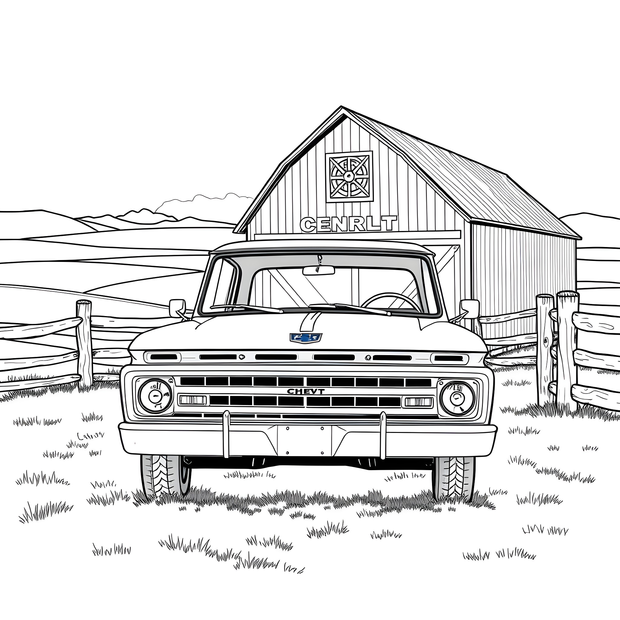 Chevy Pickup Truck in Front of Rustic Barn Coloring Page (free black-and-white line drawing printable PDF for all, from beginners to advanced learners, including children, teens, adults, and seniors)