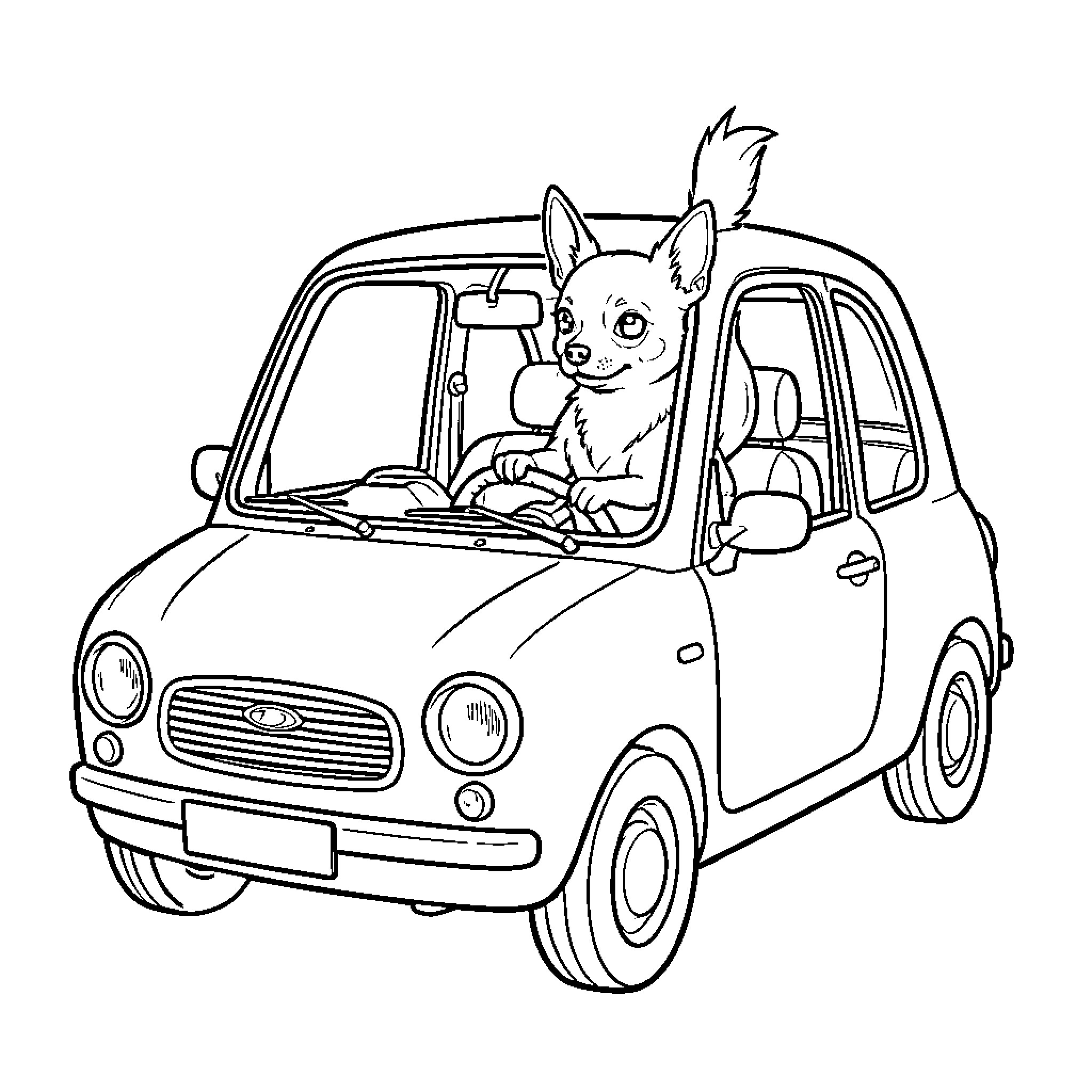 Chihuahua driving a small car with a happy expression Coloring Page (free black-and-white line drawing printable PDF for all, from beginners to advanced learners, including children, teens, adults, and seniors)