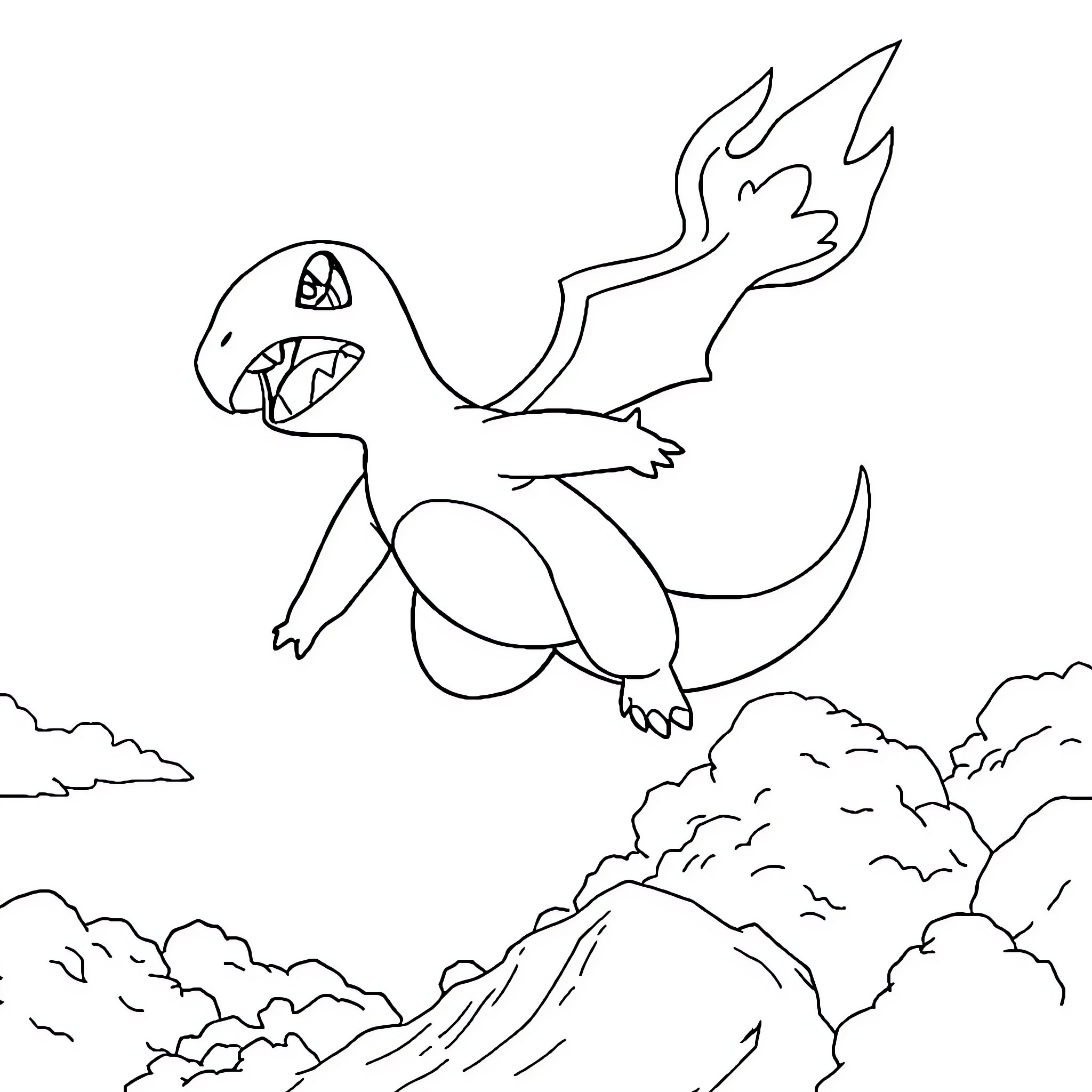 Charmander soaring through the skies Coloring Page (free black-and-white line drawing printable PDF for all, from beginners to advanced learners, including children, teens, adults, and seniors)