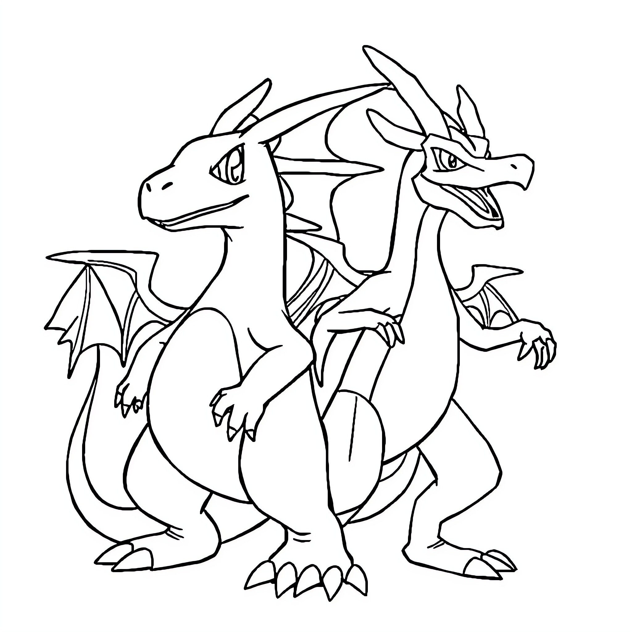 Charizard battling fierce and powerful dragon Coloring Page (free black-and-white line drawing printable PDF for all, from beginners to advanced learners, including children, teens, adults, and seniors)