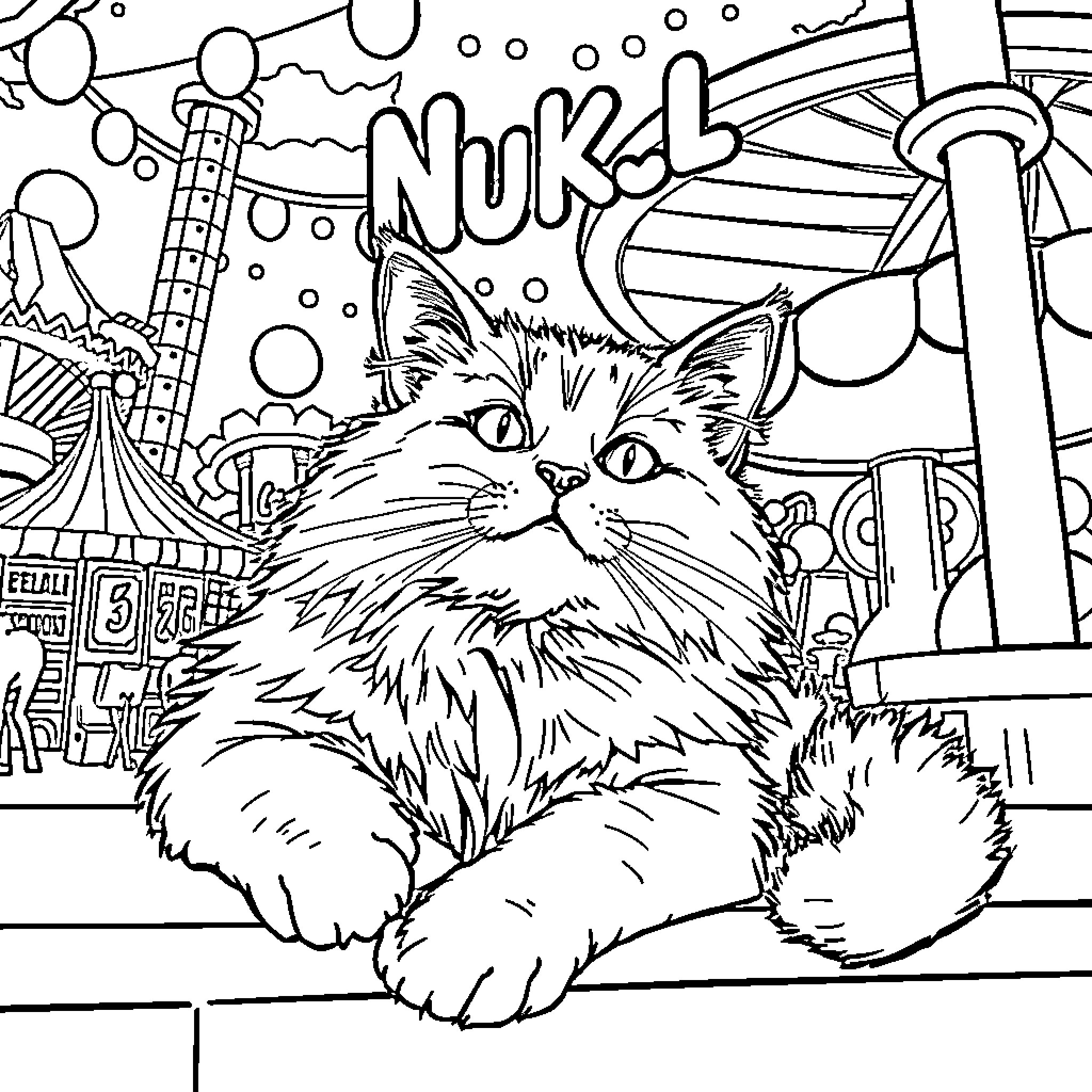 Cat Napping in a Vibrant Scene Coloring Page (free black-and-white line drawing printable PDF for all, from beginners to advanced learners, including children, teens, adults, and seniors)