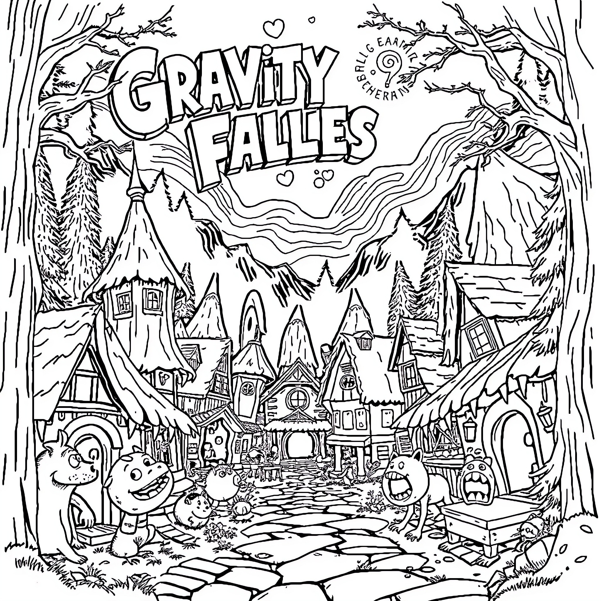 Gravity Falls: Whimsical Adventure in the Enchanted Forest Coloring Page (free black-and-white line drawing printable PDF for all, from beginners to advanced learners, including children, teens, adults, and seniors)