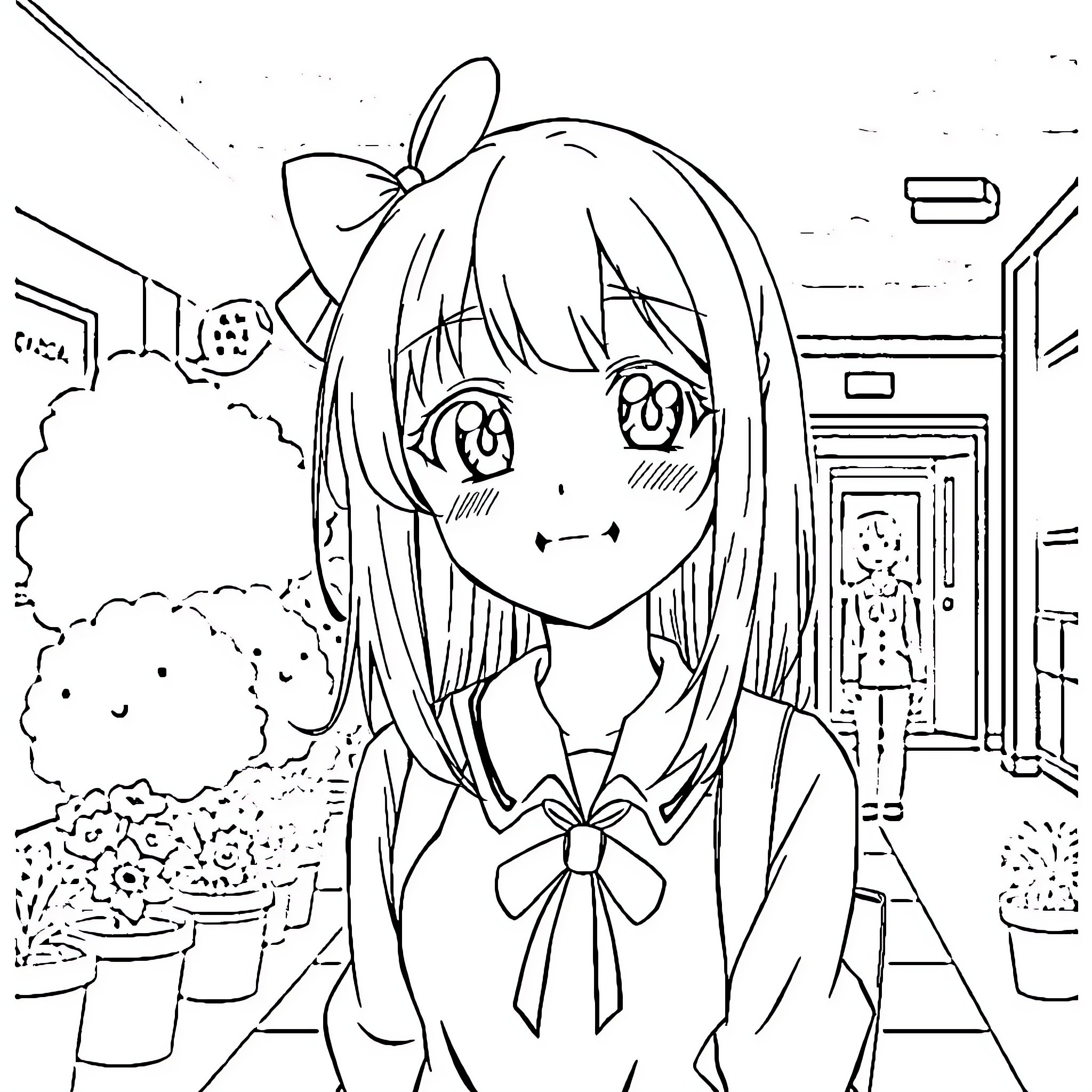 Yamada Anna enjoying the school hallway scene Coloring Page (free black-and-white line drawing printable PDF for all, from beginners to advanced learners, including children, teens, adults, and seniors)