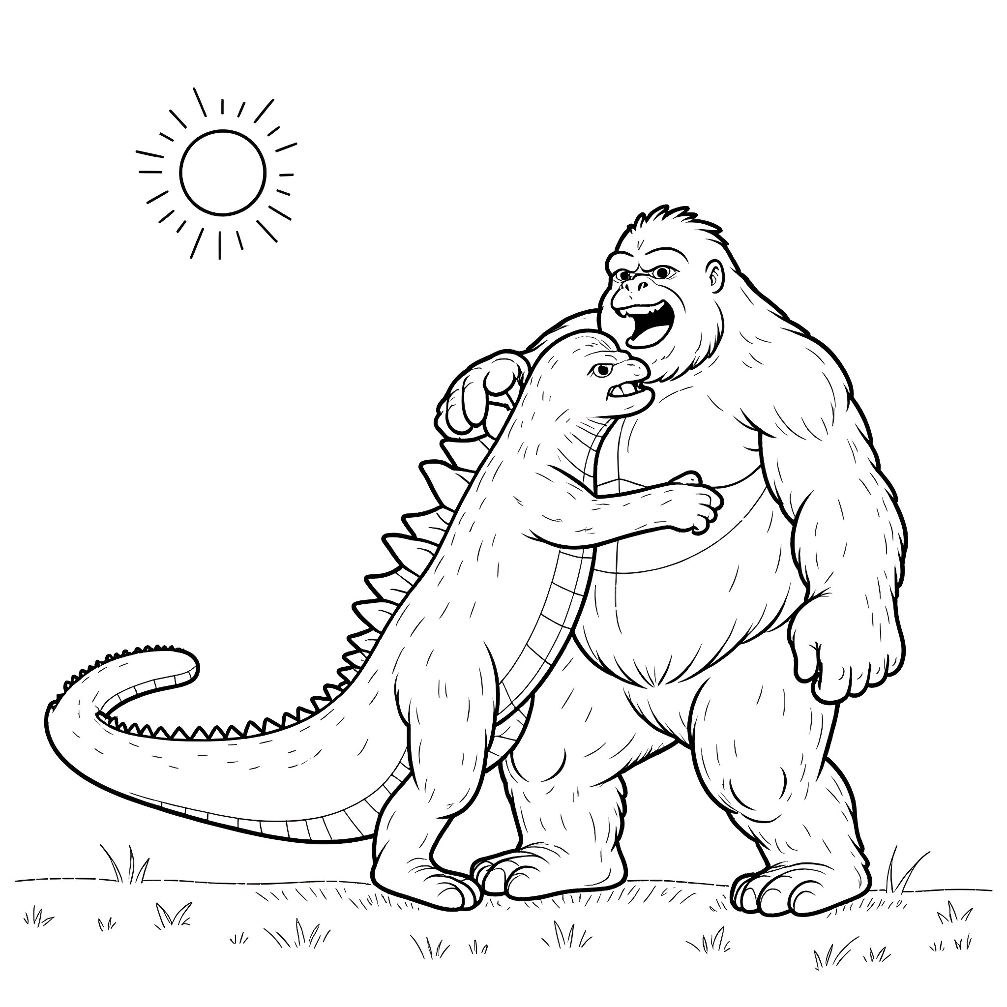 Godzilla-like creature battling a crocodile-like beast in the sun Coloring Page (free black-and-white line drawing printable PDF for all, from beginners to advanced learners, including children, teens, adults, and seniors)