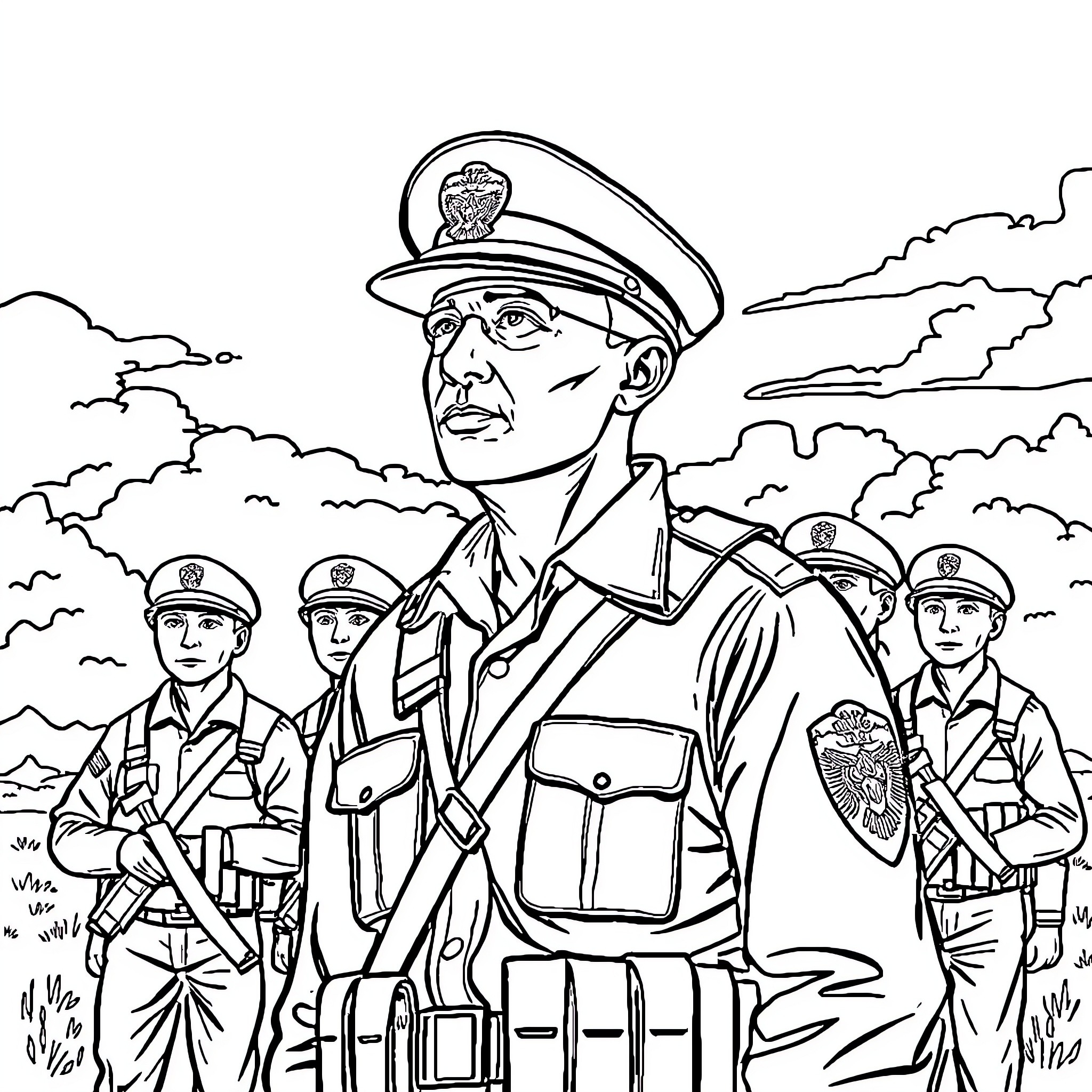 Instructor leading a group of soldiers in military uniform Coloring Page (free black-and-white line drawing printable PDF for all, from beginners to advanced learners, including children, teens, adults, and seniors)