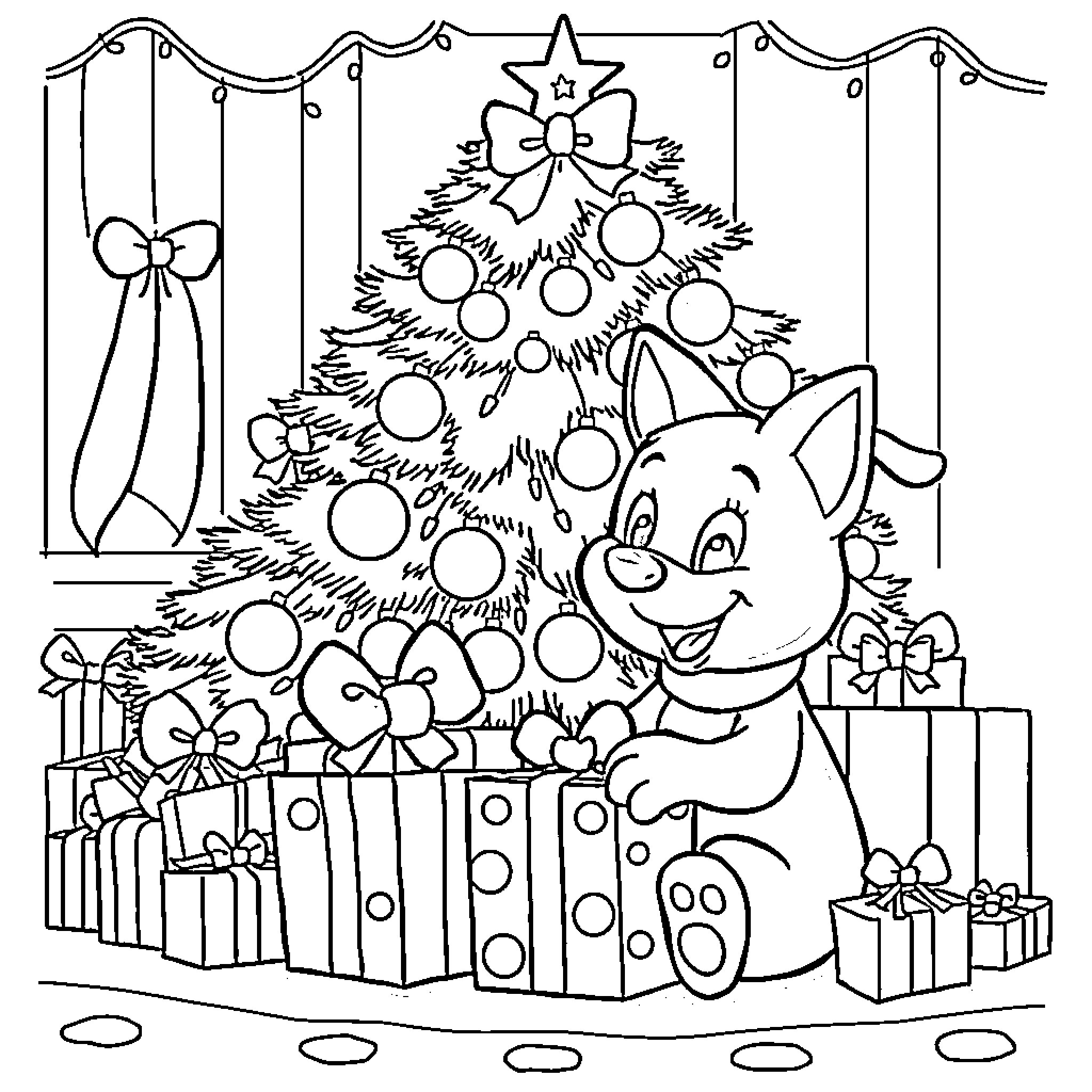 Bluey Celebrates the Christmas Holiday Coloring Page (free black-and-white line drawing printable PDF for all, from beginners to advanced learners, including children, teens, adults, and seniors)