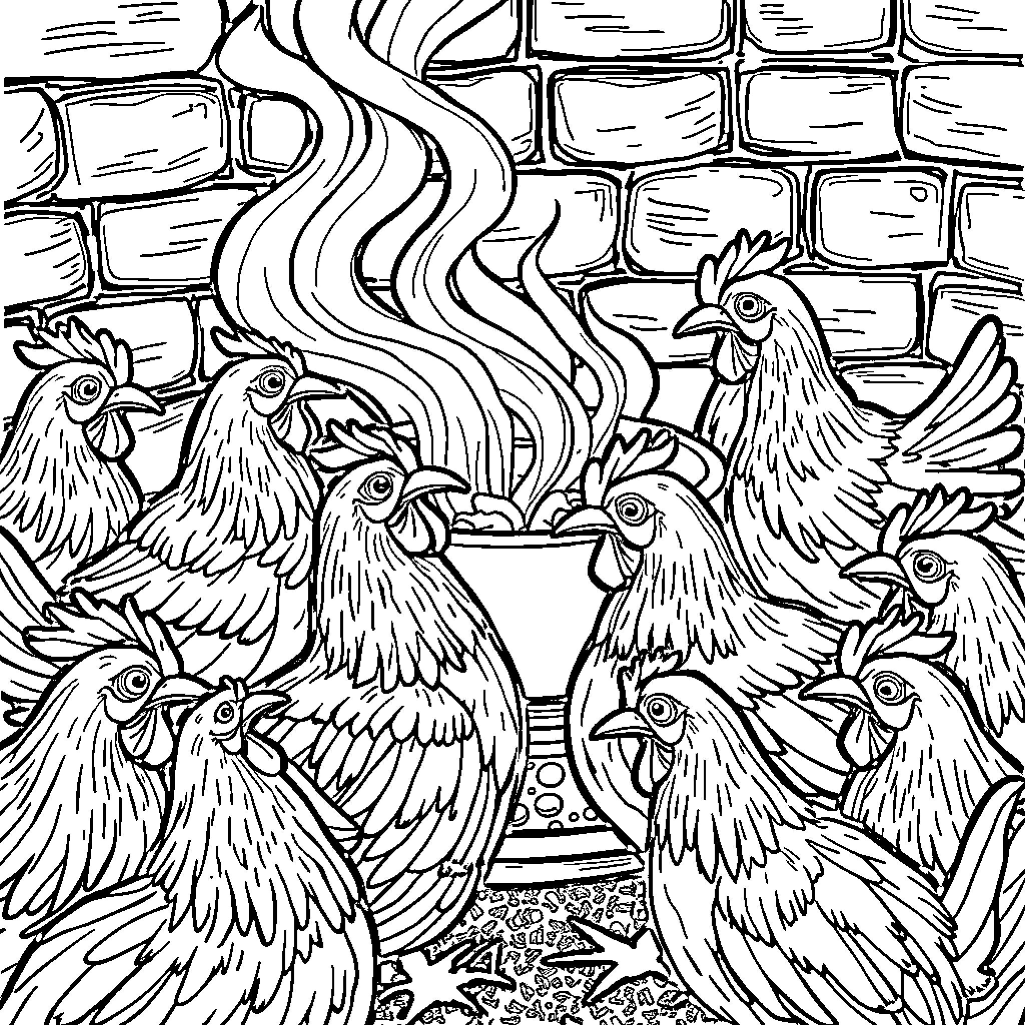 Chicken Flock Resting in Farmyard Coloring Page (free black-and-white line drawing printable PDF for all, from beginners to advanced learners, including children, teens, adults, and seniors)