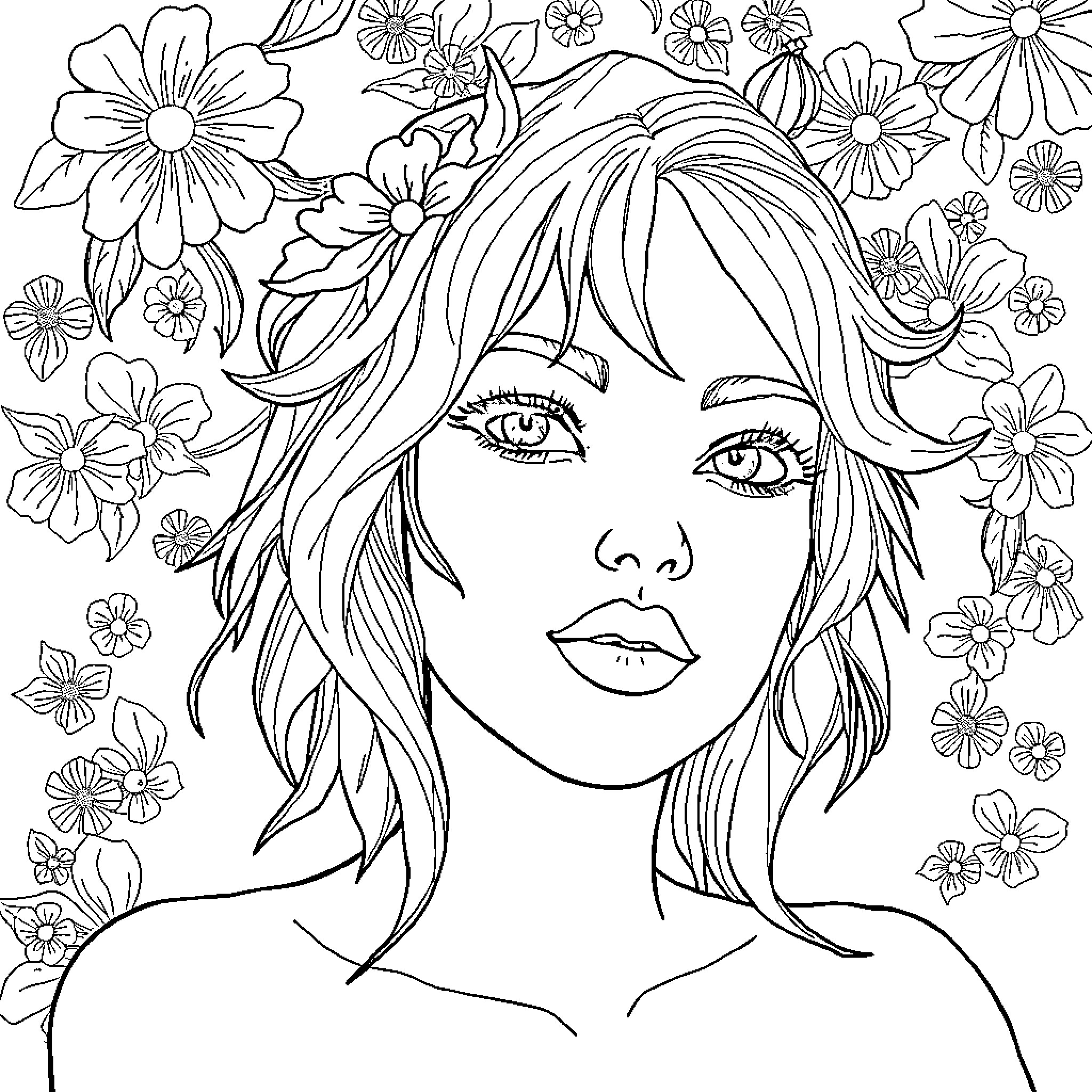 Teachability: Floral Radiance and Introspection Coloring Page (free black-and-white line drawing printable PDF for all, from beginners to advanced learners, including children, teens, adults, and seniors)