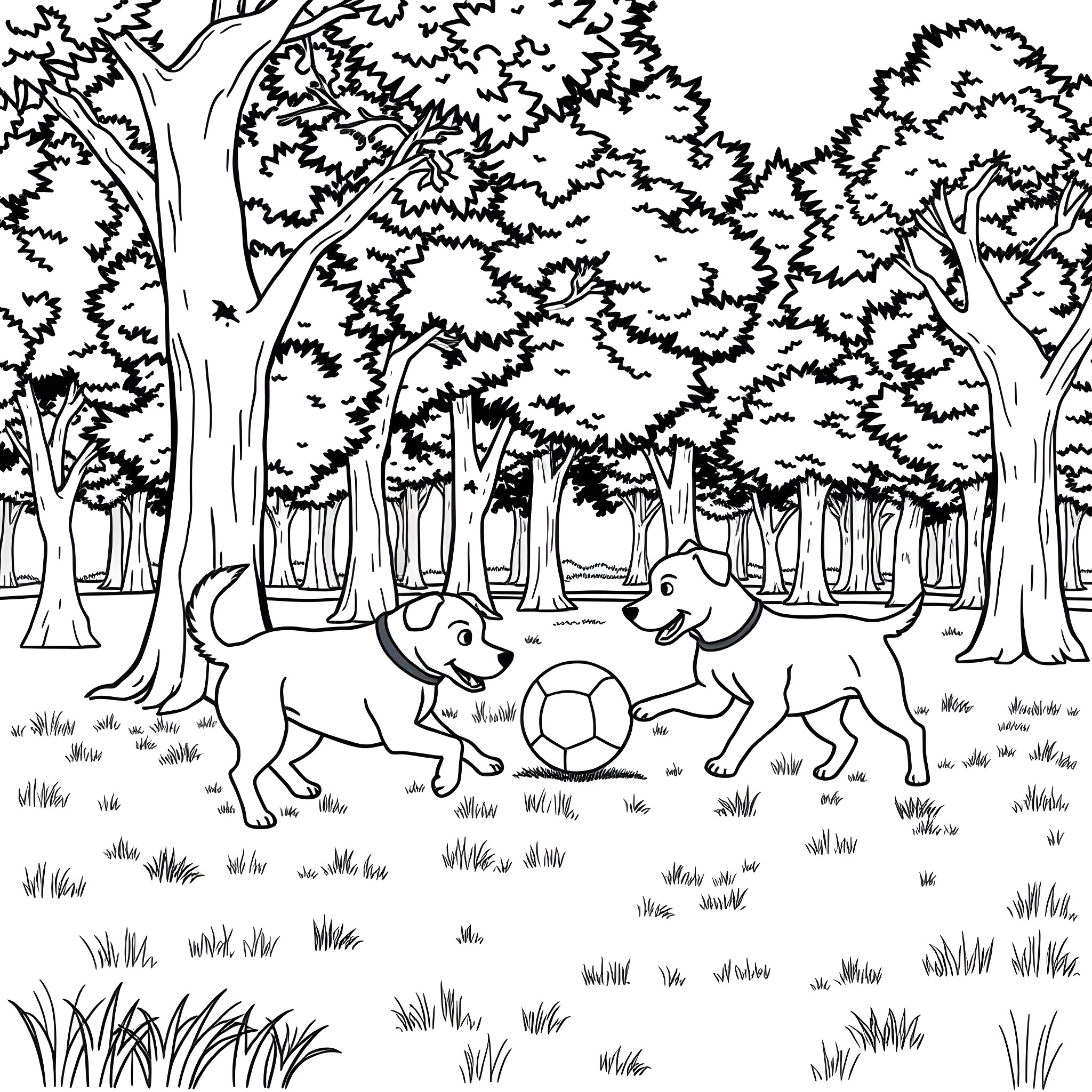 Dogs playing with ball in park Coloring Page (free black-and-white line drawing printable PDF for all, from beginners to advanced learners, including children, teens, adults, and seniors)
