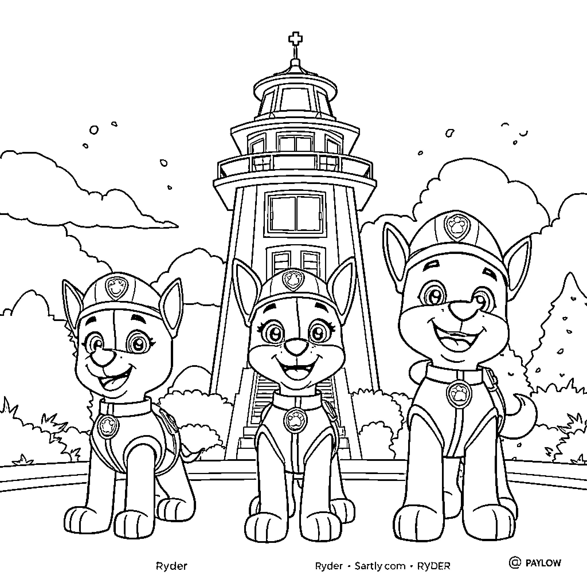 Paw Patrol characters exploring a lighthouse Coloring Page (free black-and-white line drawing printable PDF for all, from beginners to advanced learners, including children, teens, adults, and seniors)