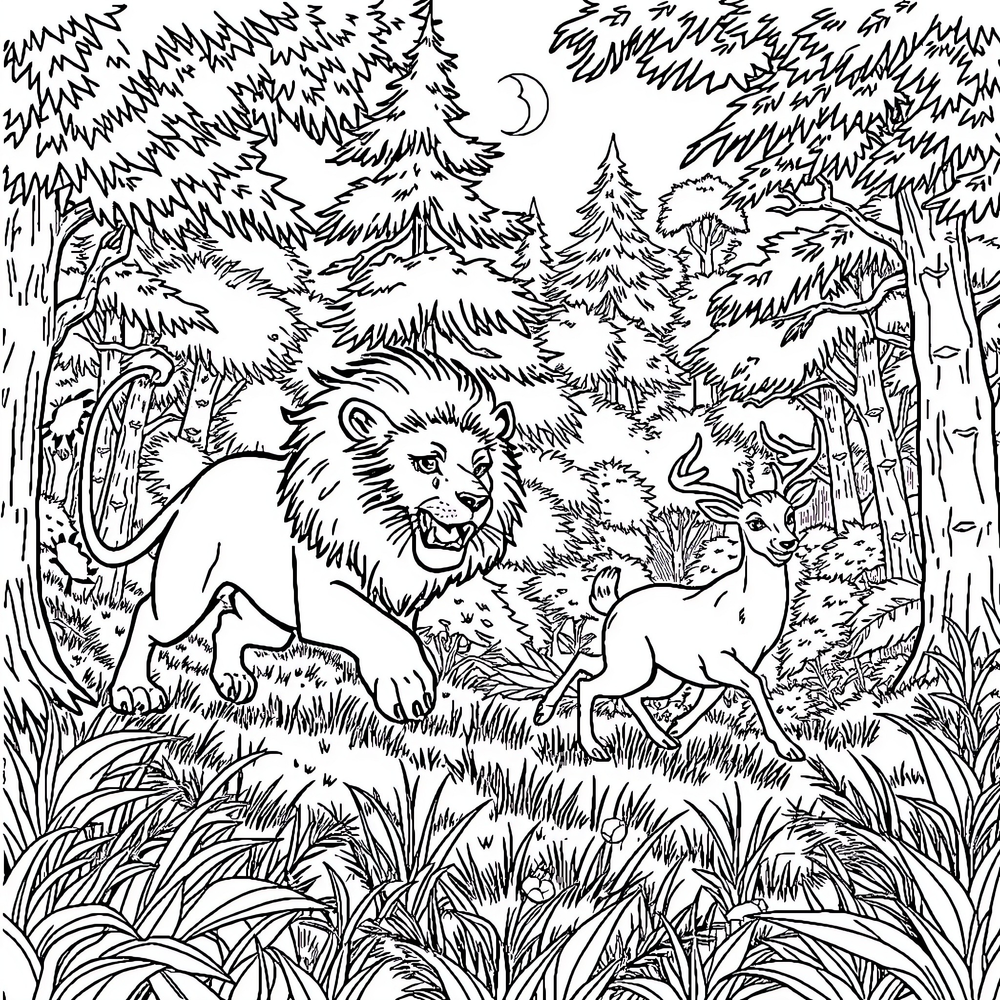 Lion and Deer in Forested Landscape Coloring Page (free black-and-white line drawing printable PDF for all, from beginners to advanced learners, including children, teens, adults, and seniors)