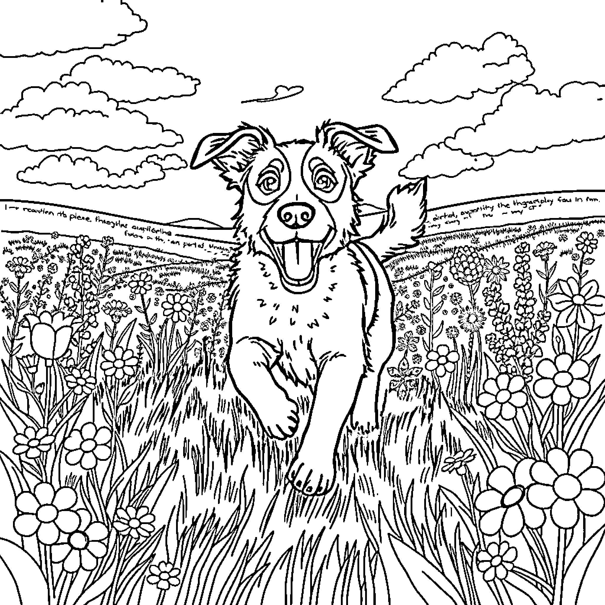 Dog happily exploring a vibrant floral meadow Coloring Page (free black-and-white line drawing printable PDF for all, from beginners to advanced learners, including children, teens, adults, and seniors)