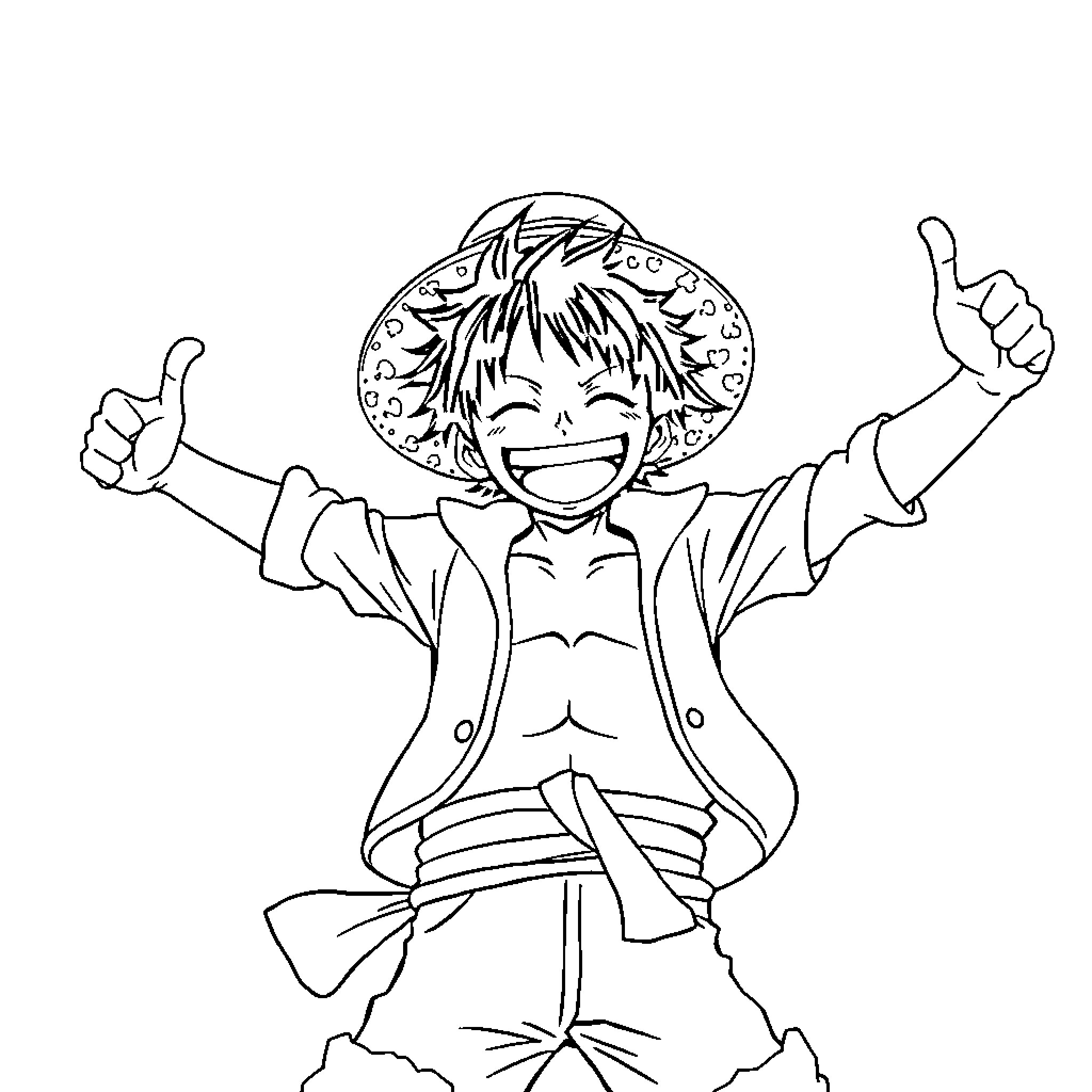 Luffy Celebrating with Thumbs Up Coloring Page (free black-and-white line drawing printable PDF for all, from beginners to advanced learners, including children, teens, adults, and seniors)