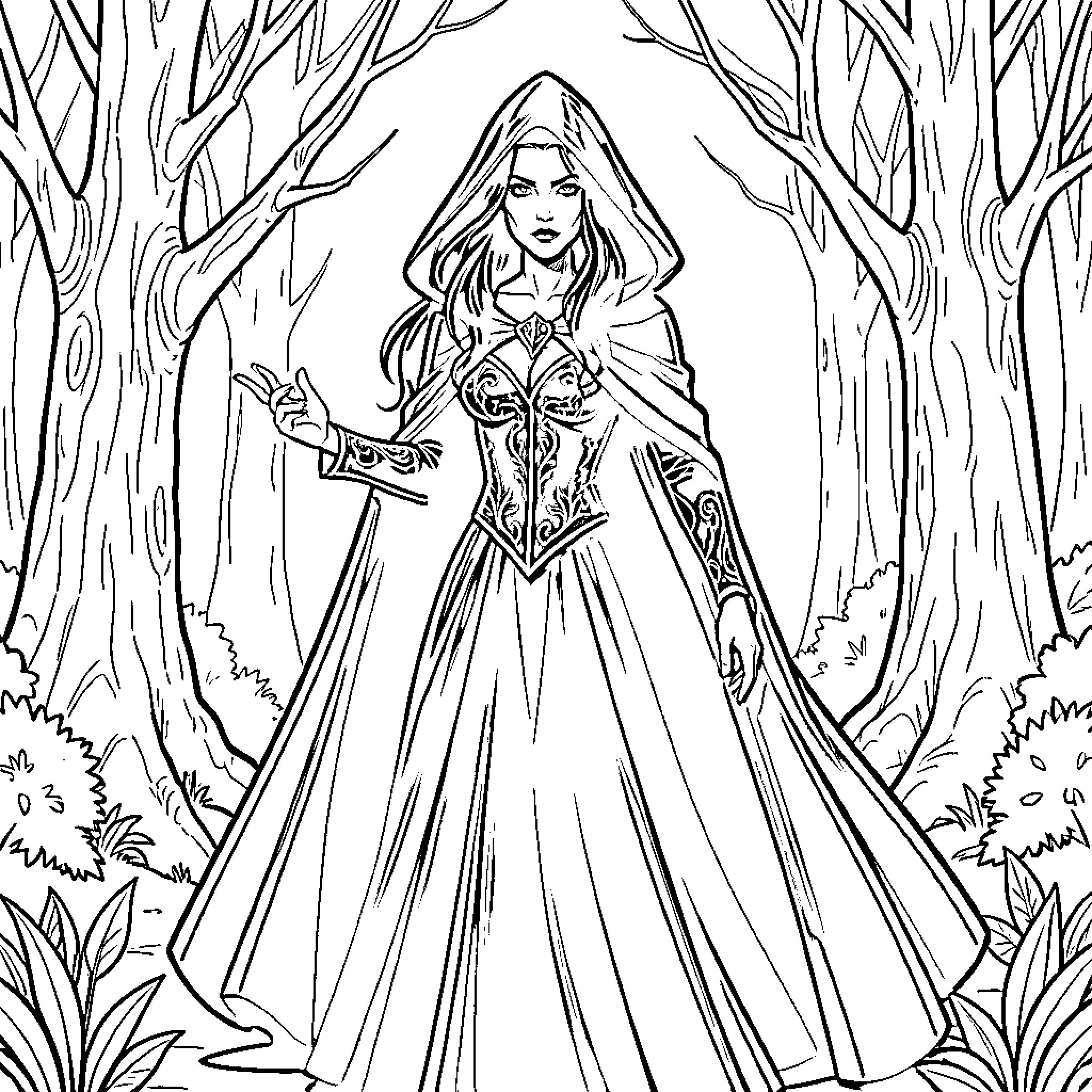 Scarlet Witch in Enchanted Forest Contemplation Coloring Page (free black-and-white line drawing printable PDF for all, from beginners to advanced learners, including children, teens, adults, and seniors)