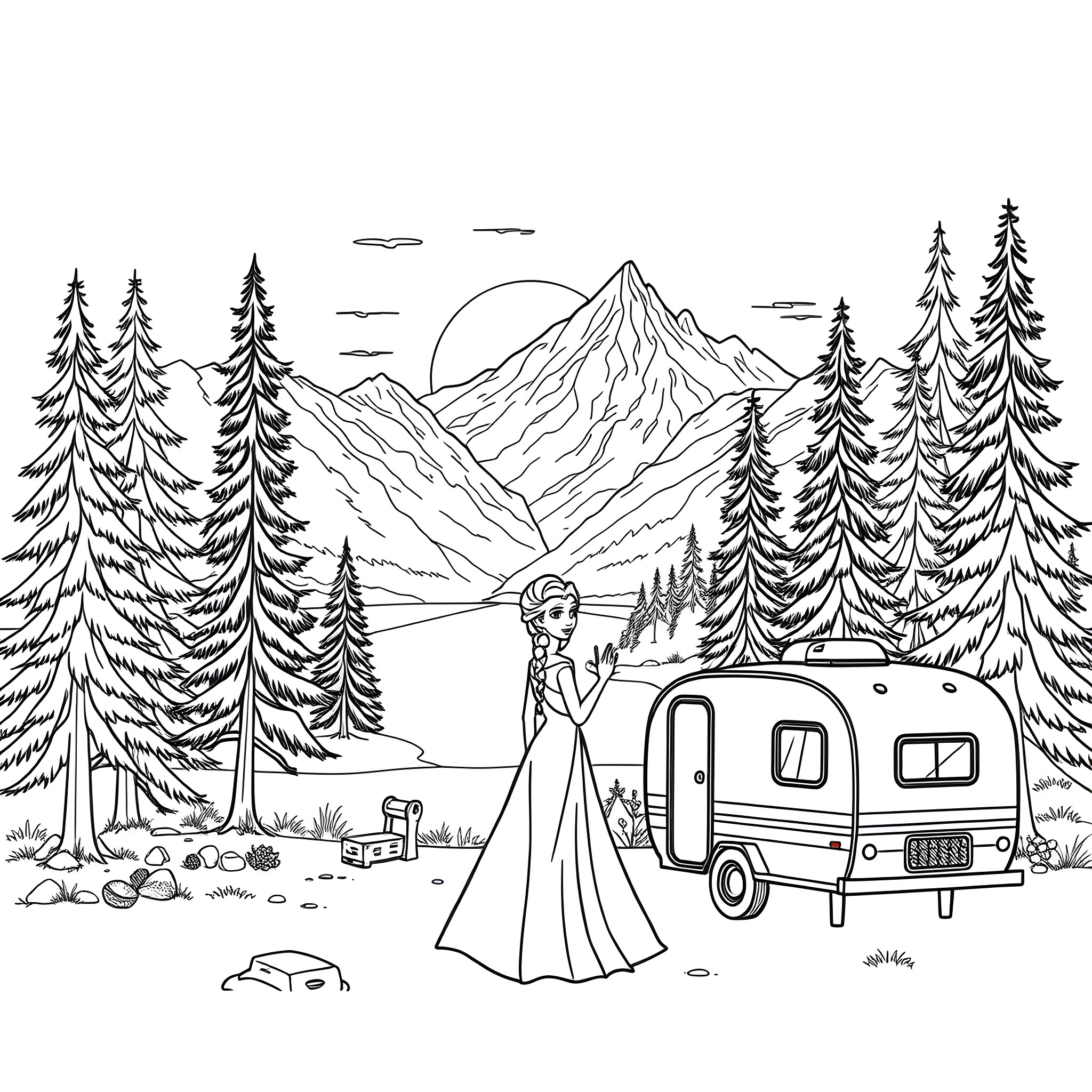 Elsa's Winter Adventure in the Mountains Coloring Page (free black-and-white line drawing printable PDF for all, from beginners to advanced learners, including children, teens, adults, and seniors)