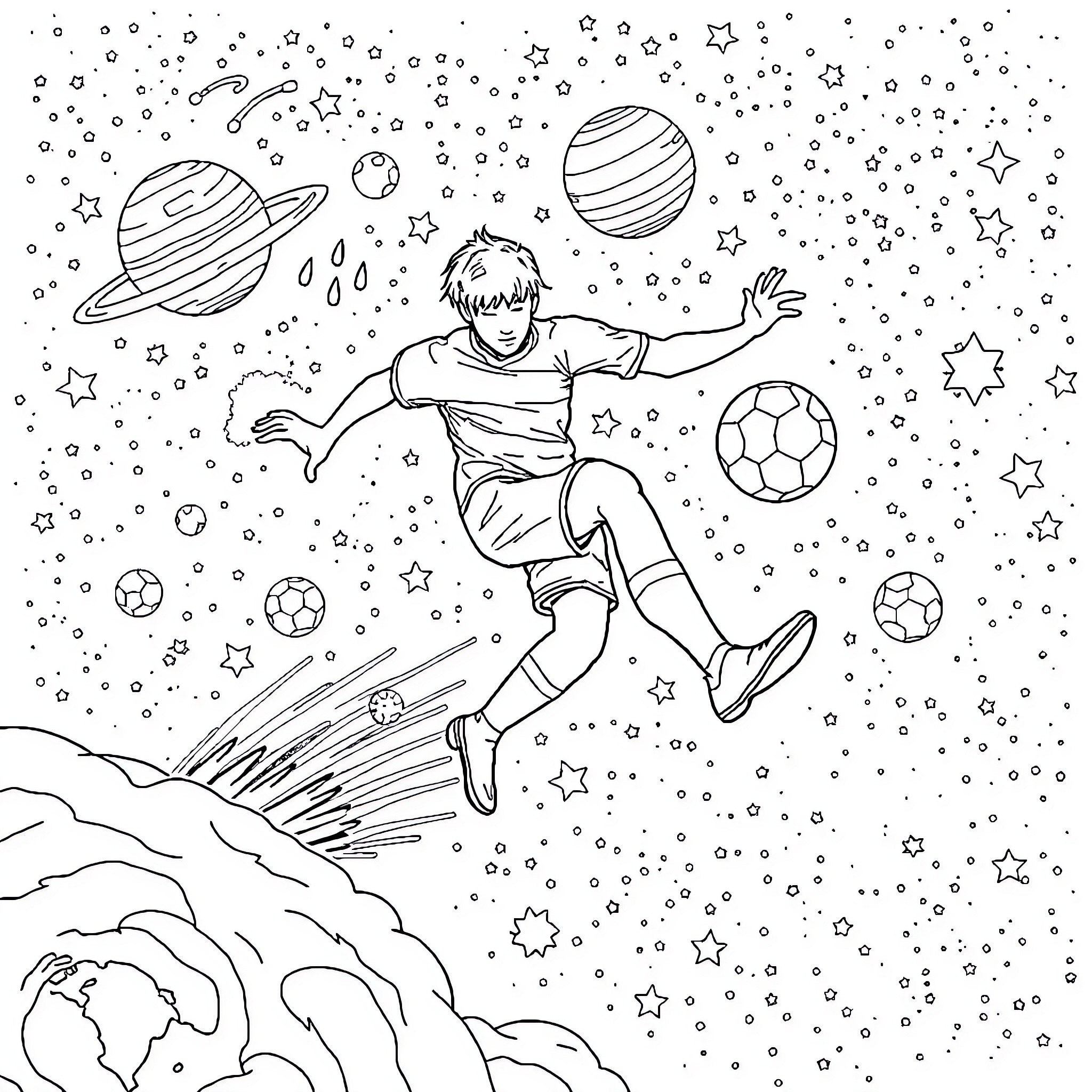 Soccer Player floating in cosmic space Coloring Page (free black-and-white line drawing printable PDF for all, from beginners to advanced learners, including children, teens, adults, and seniors)
