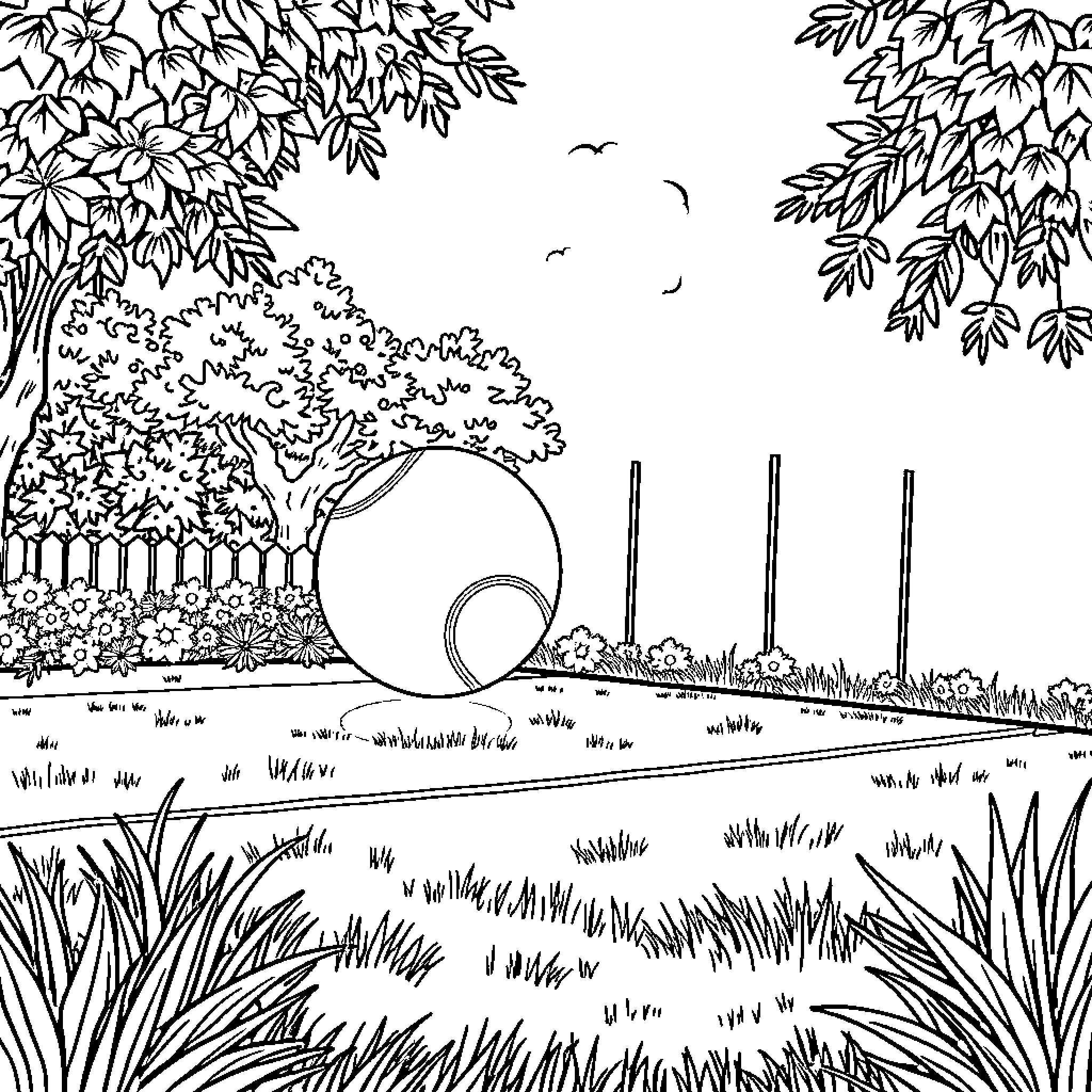 Tennis Court in Tranquil Garden Landscape Coloring Page (free black-and-white line drawing printable PDF for all, from beginners to advanced learners, including children, teens, adults, and seniors)