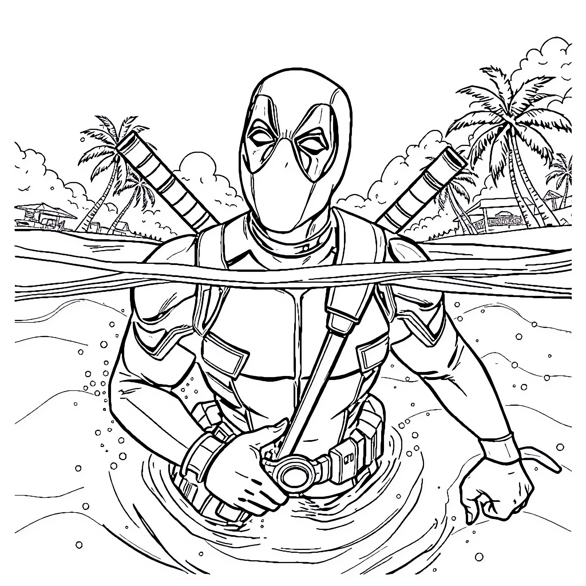 Deadpool in an action-packed tropical adventure Coloring Page (free black-and-white line drawing printable PDF for all, from beginners to advanced learners, including children, teens, adults, and seniors)