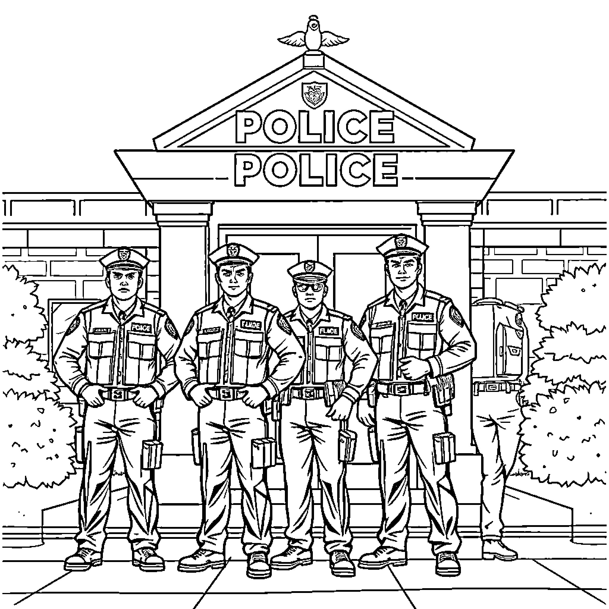 Police officers stand outside police station Coloring Page (free black-and-white line drawing printable PDF for all, from beginners to advanced learners, including children, teens, adults, and seniors)