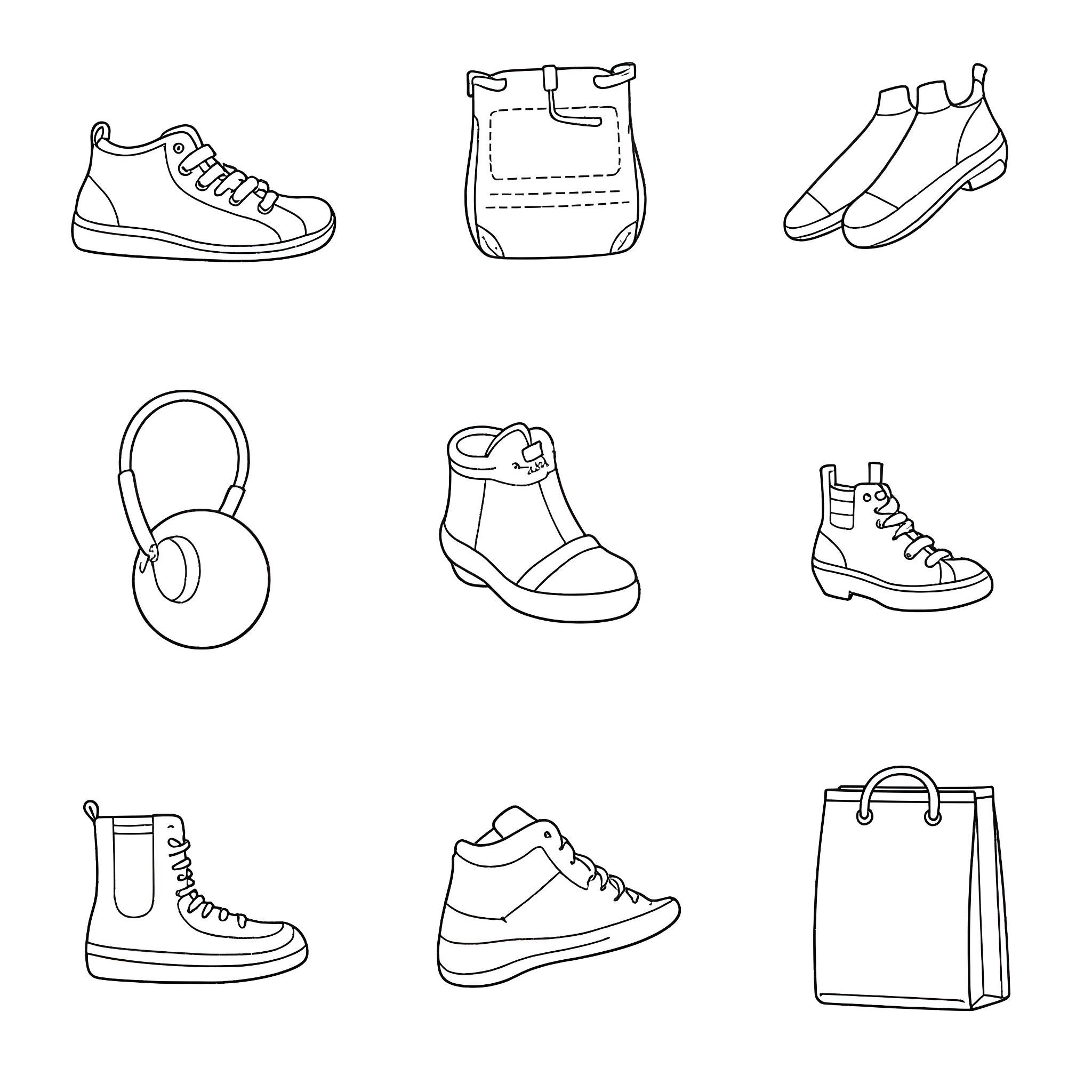 Marketplace Item - Various Footwear and Accessories Coloring Page (free black-and-white line drawing printable PDF for all, from beginners to advanced learners, including children, teens, adults, and seniors)