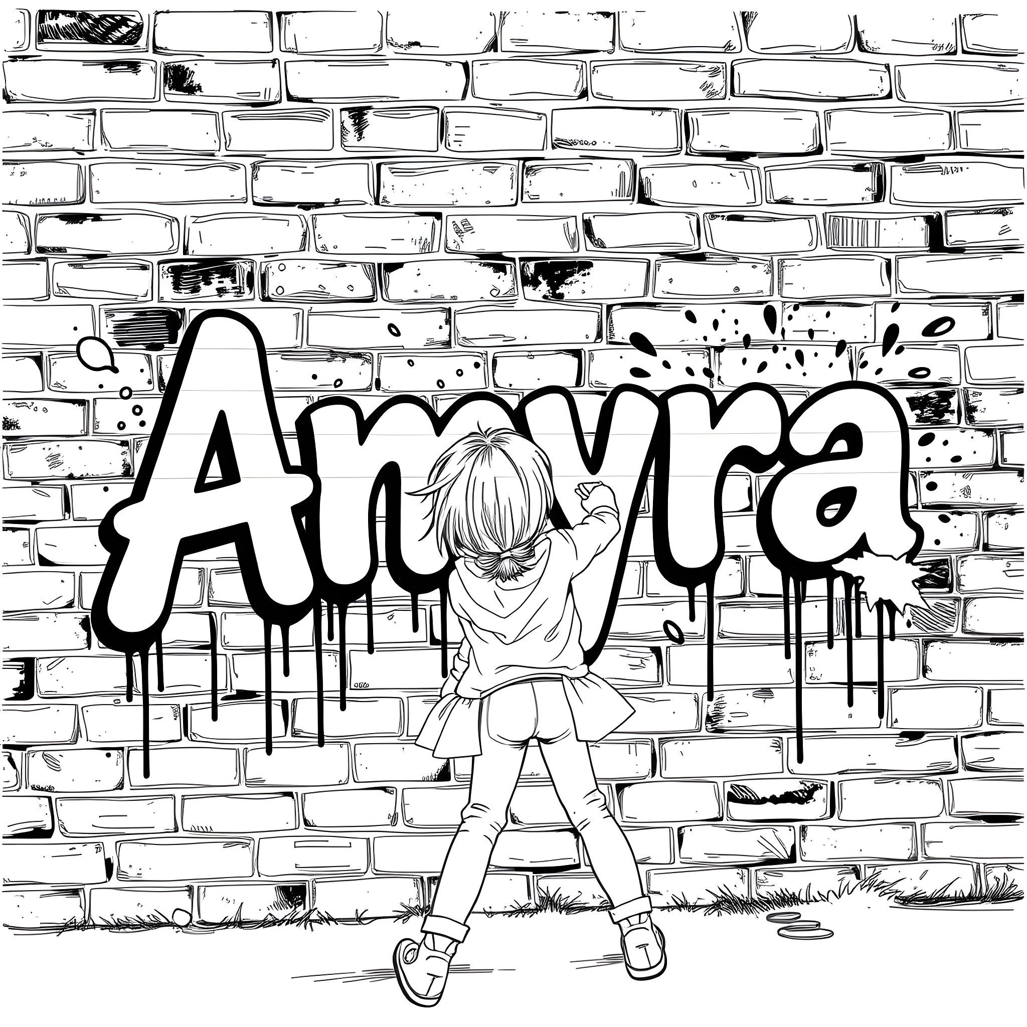 Girl spraying graffiti on brick wall Coloring Page (free black-and-white line drawing printable PDF for all, from beginners to advanced learners, including children, teens, adults, and seniors)