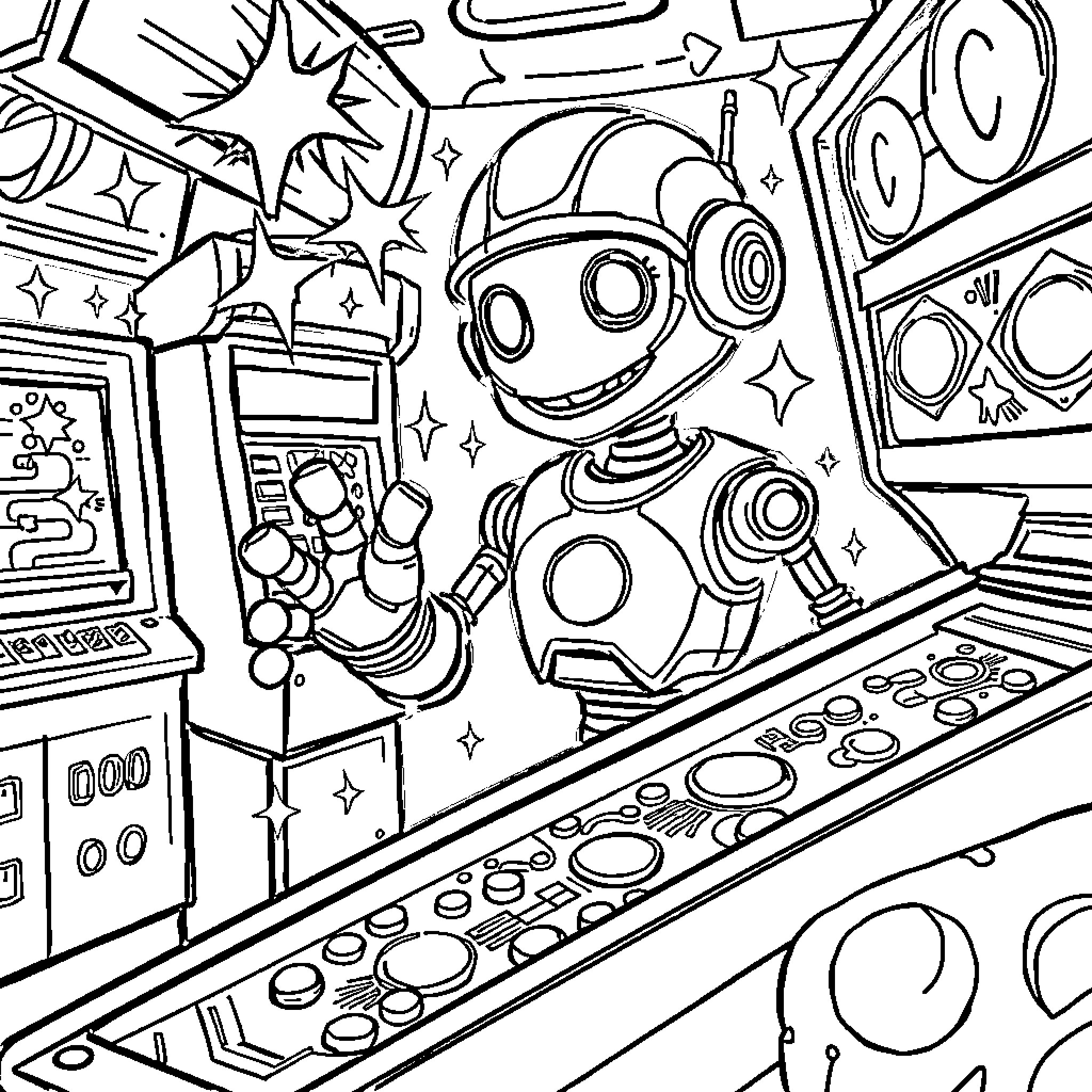 Robot playing video games in a futuristic arcade Coloring Page (free black-and-white line drawing printable PDF for all, from beginners to advanced learners, including children, teens, adults, and seniors)