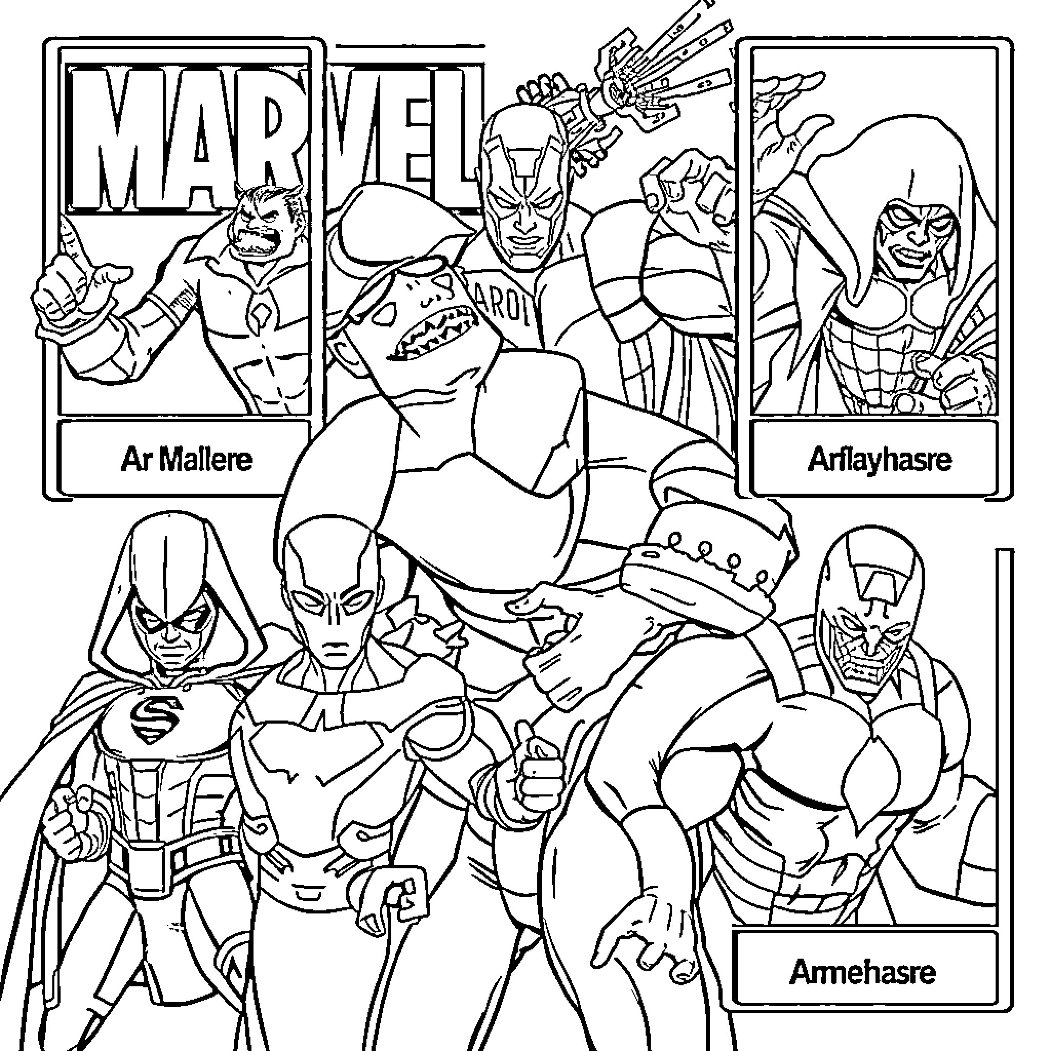 Marvel Superheroes in Striking Poses and Outfits Coloring Page (free black-and-white line drawing printable PDF for all, from beginners to advanced learners, including children, teens, adults, and seniors)
