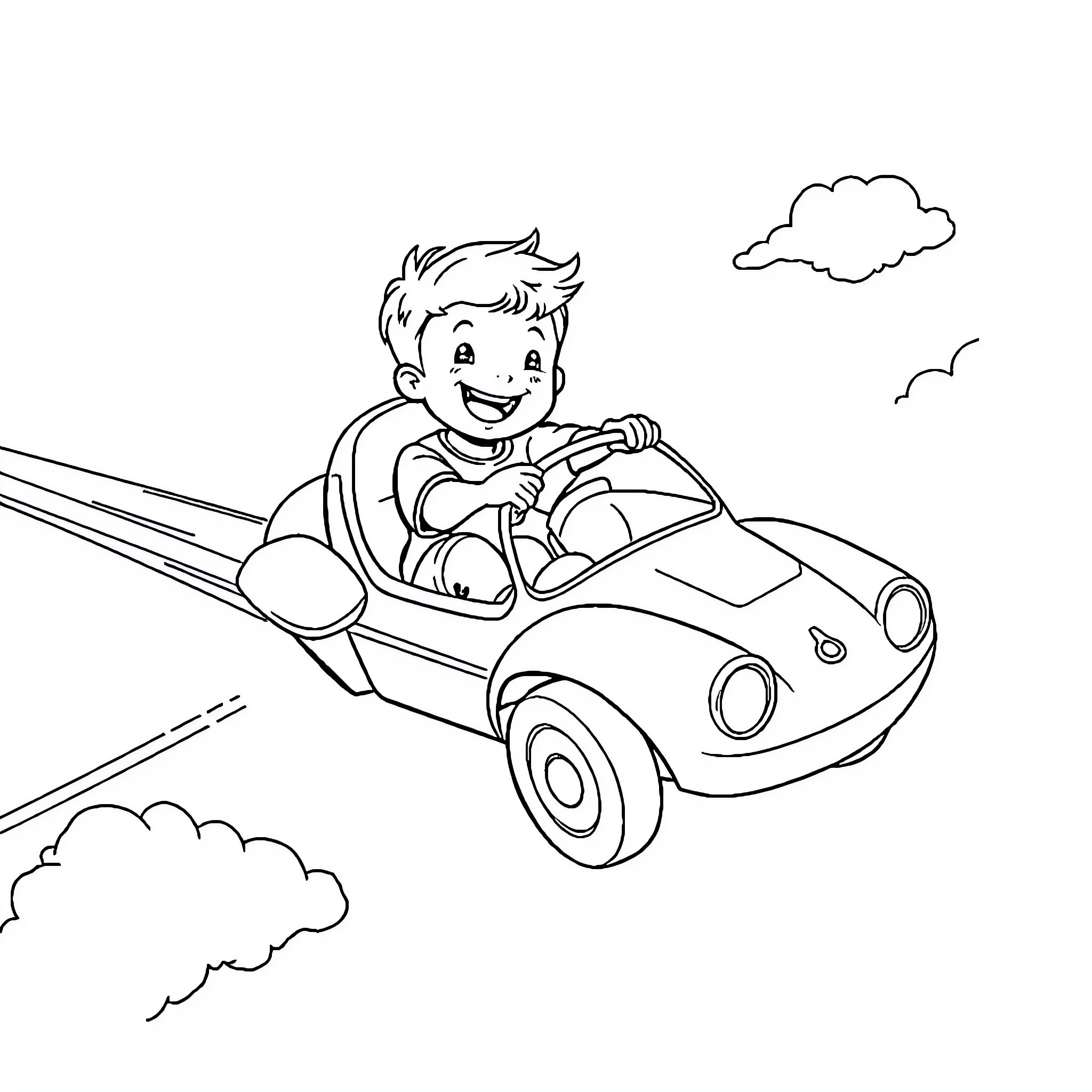 Boy happily driving a toy car in the sky Coloring Page (free black-and-white line drawing printable PDF for all, from beginners to advanced learners, including children, teens, adults, and seniors)