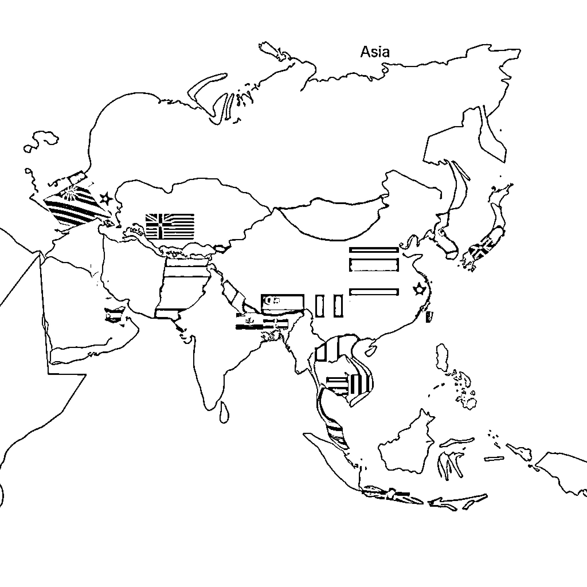 Map of Asia with national flags Coloring Page (free black-and-white line drawing printable PDF for all, from beginners to advanced learners, including children, teens, adults, and seniors)