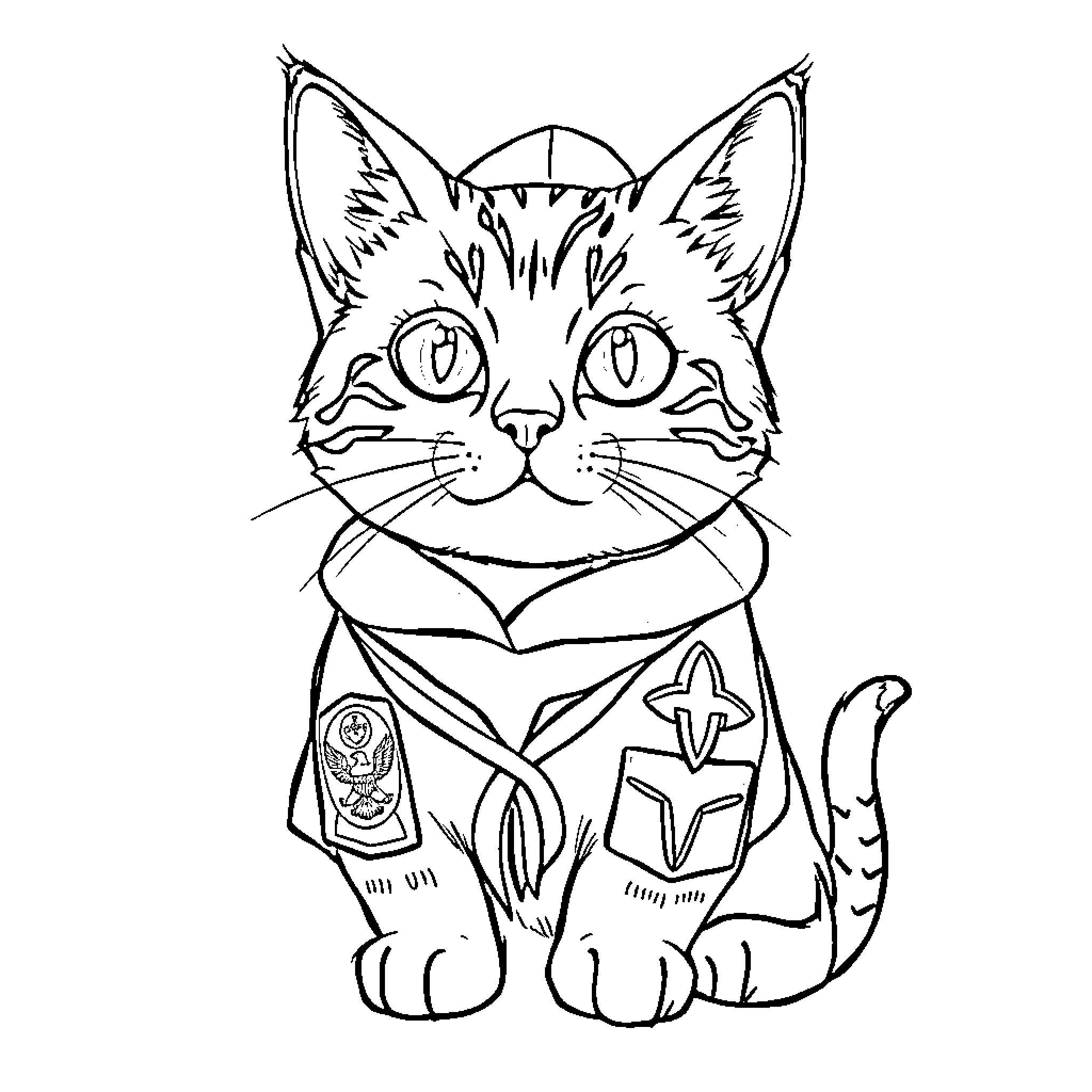 Cat dressed in tattoo-style clothing Coloring Page (free black-and-white line drawing printable PDF for all, from beginners to advanced learners, including children, teens, adults, and seniors)
