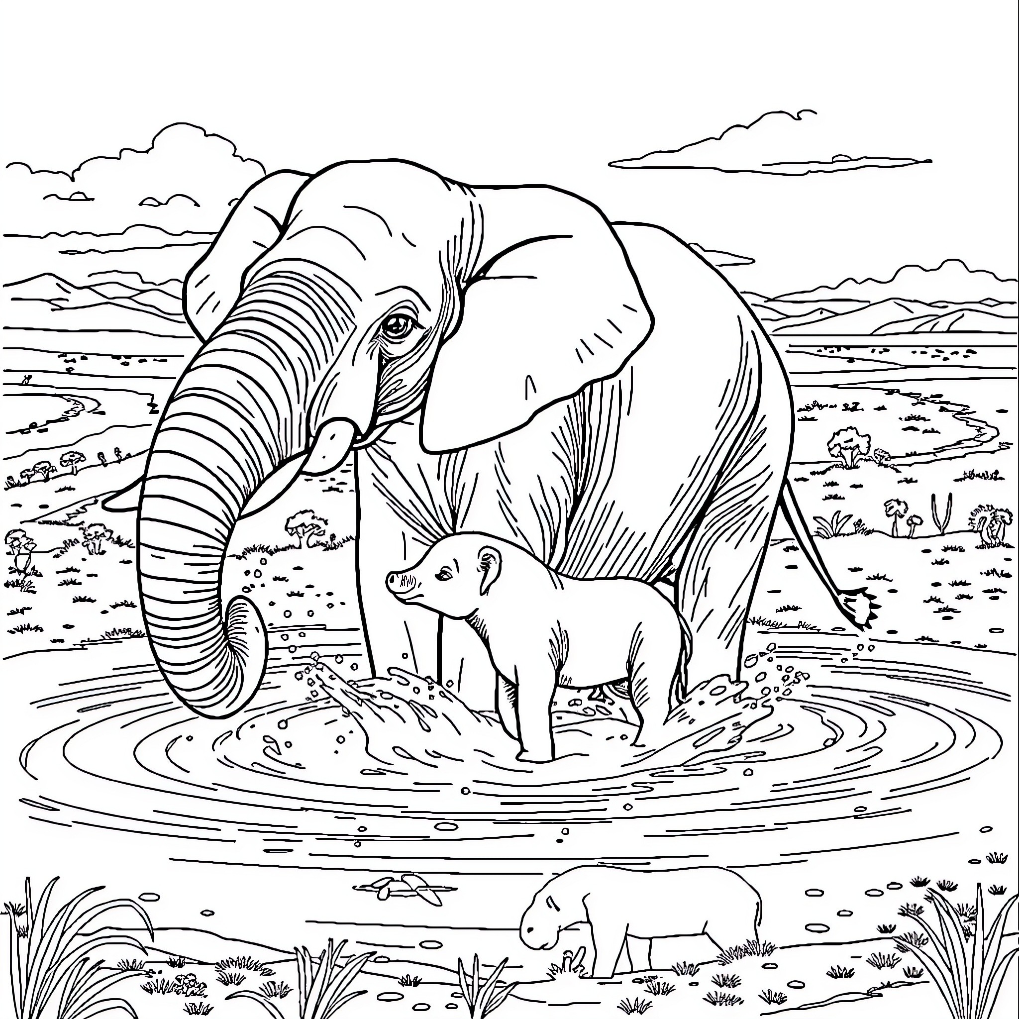 Elephant and baby elephant in serene nature Coloring Page (free black-and-white line drawing printable PDF for all, from beginners to advanced learners, including children, teens, adults, and seniors)