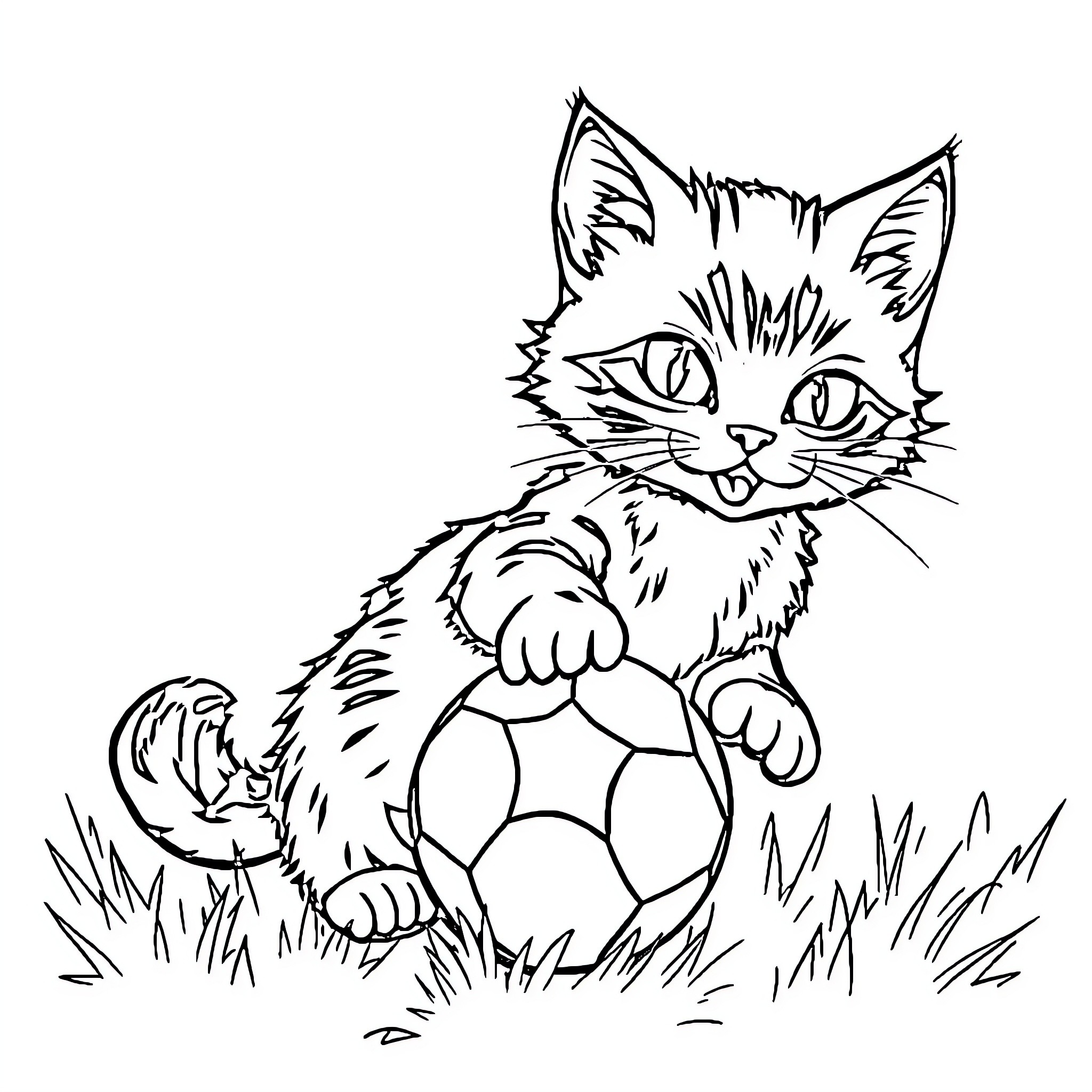Cat playing with ball in grass Coloring Page (free black-and-white line drawing printable PDF for all, from beginners to advanced learners, including children, teens, adults, and seniors)
