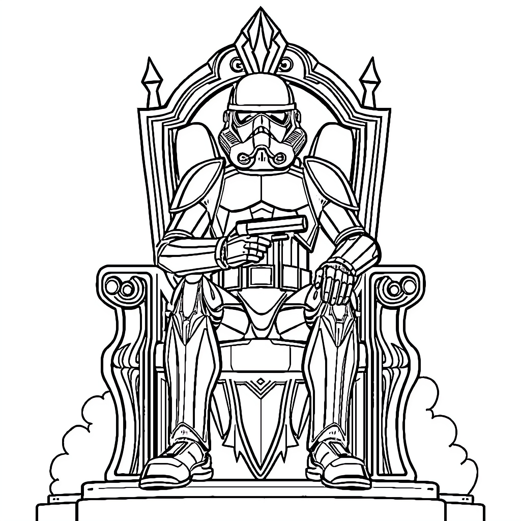 Robot Trooper Sitting on Ornate Throne Coloring Page (free black-and-white line drawing printable PDF for all, from beginners to advanced learners, including children, teens, adults, and seniors)