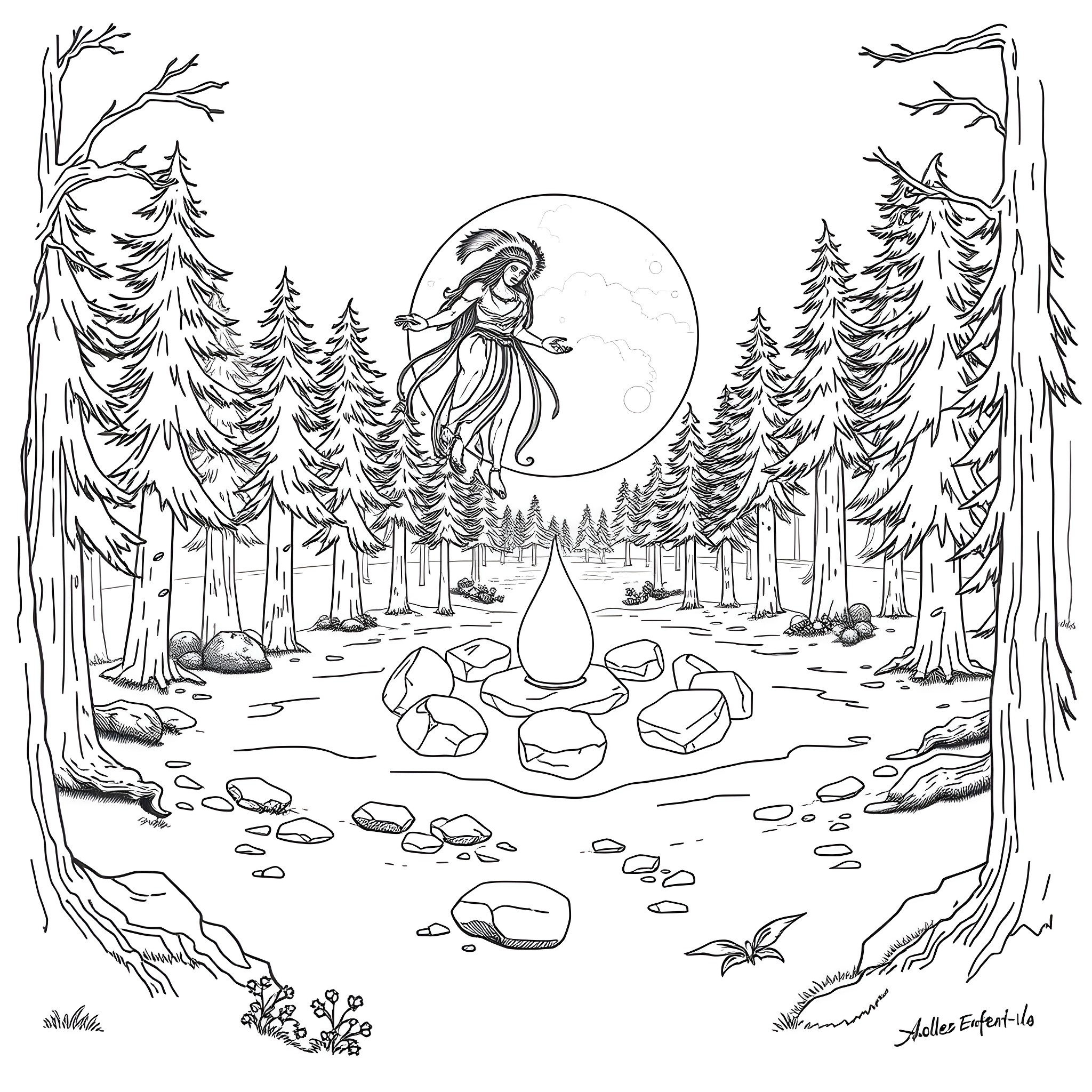 Spirit Gazing at the Moonlit Forest Coloring Page (free black-and-white line drawing printable PDF for all, from beginners to advanced learners, including children, teens, adults, and seniors)