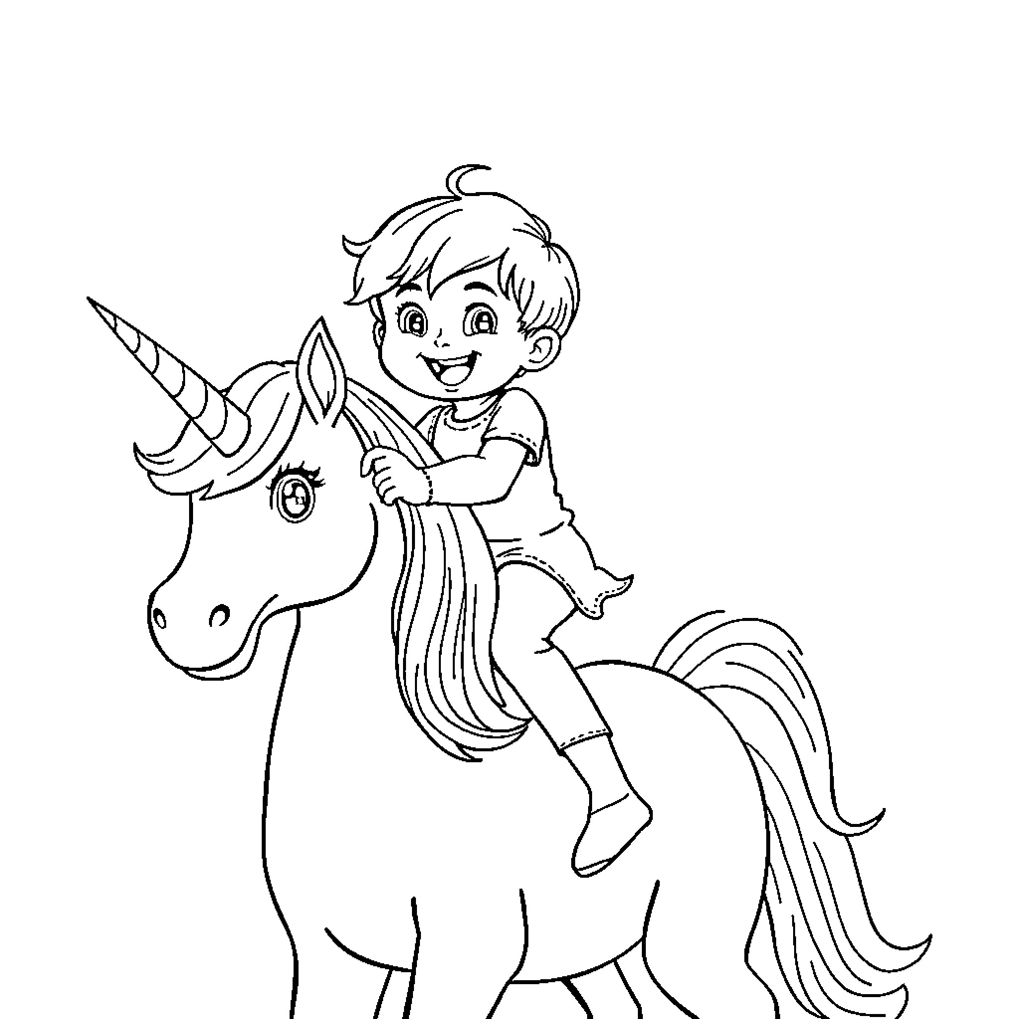 Unicorn Child Riding Magical Creature Coloring Page (free black-and-white line drawing printable PDF for all, from beginners to advanced learners, including children, teens, adults, and seniors)