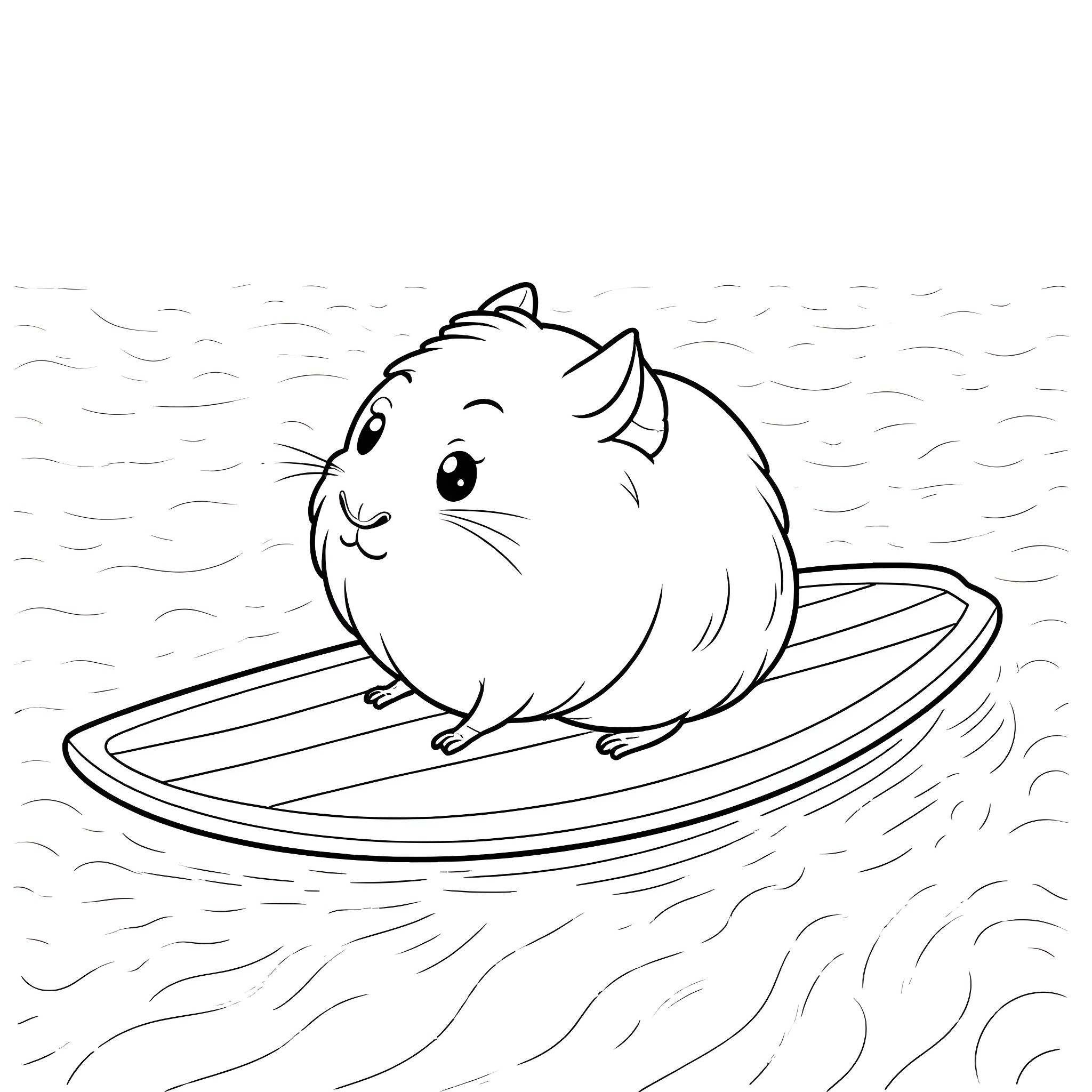 Guinea Pig Surfing on a Wave Coloring Page (free black-and-white line drawing printable PDF for all, from beginners to advanced learners, including children, teens, adults, and seniors)