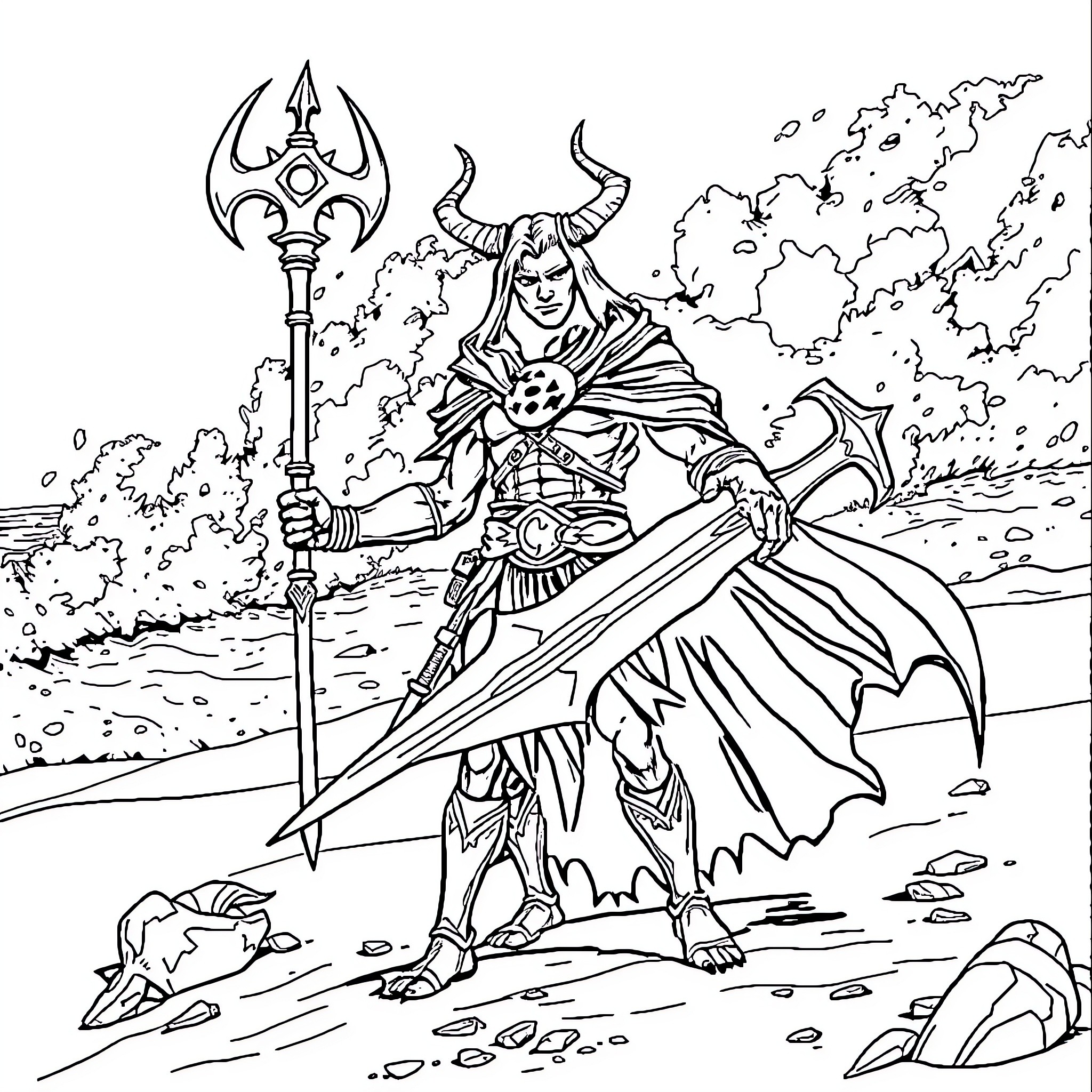 Demon Slayer - Warrior with Horns and Deadly Weapon Coloring Page (free black-and-white line drawing printable PDF for all, from beginners to advanced learners, including children, teens, adults, and seniors)