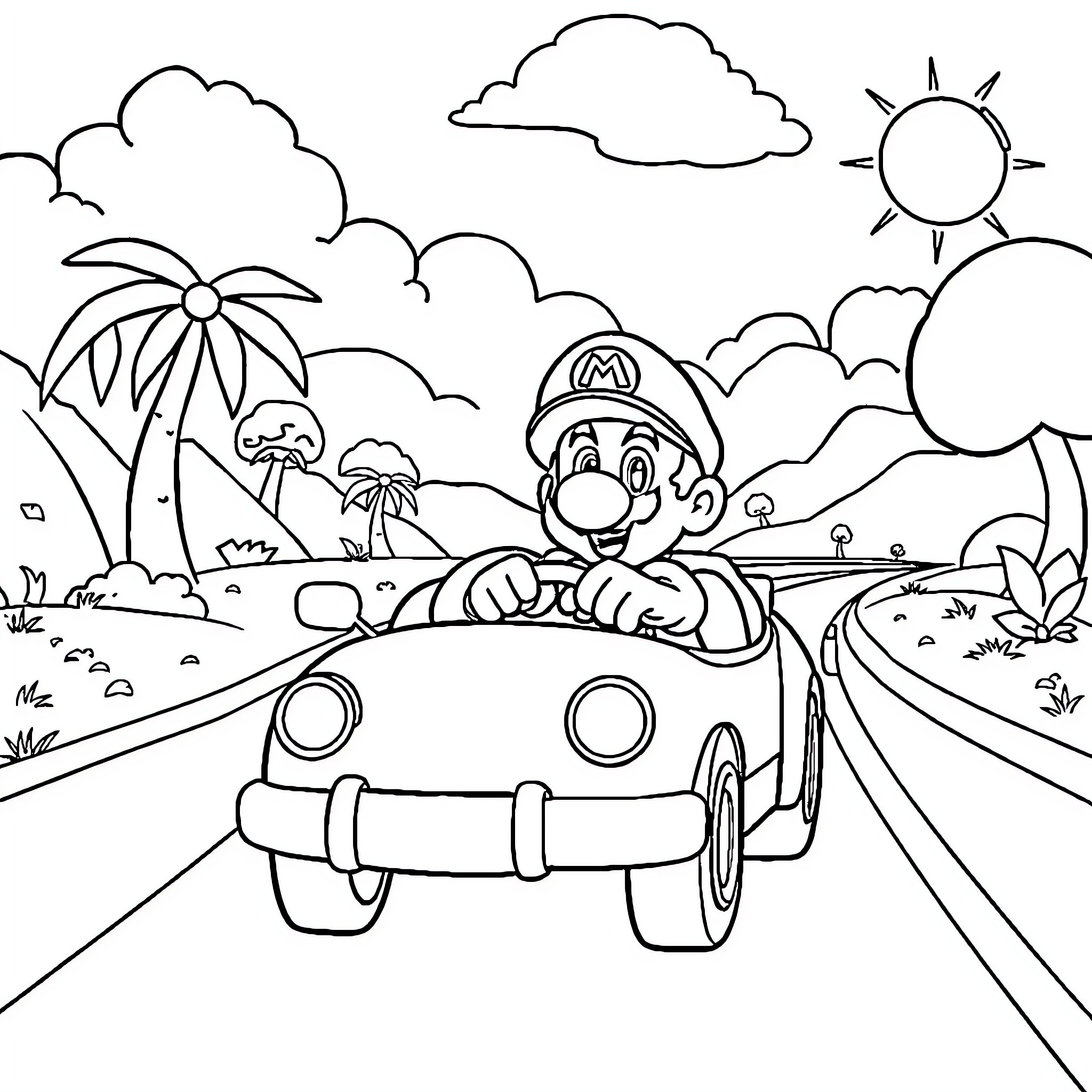 Mario driving his kart on a tropical road Coloring Page (free black-and-white line drawing printable PDF for all, from beginners to advanced learners, including children, teens, adults, and seniors)