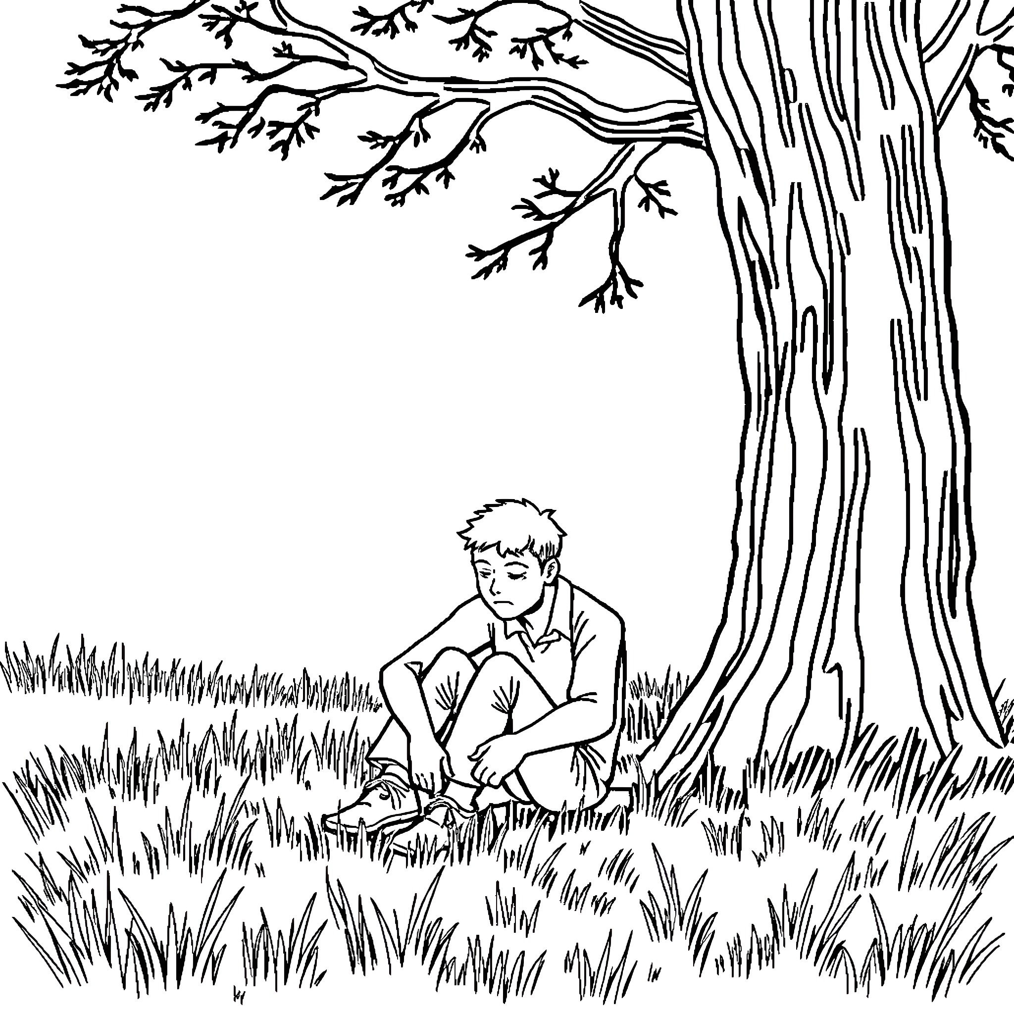 Man sitting alone under a tree in nature Coloring Page (free black-and-white line drawing printable PDF for all, from beginners to advanced learners, including children, teens, adults, and seniors)
