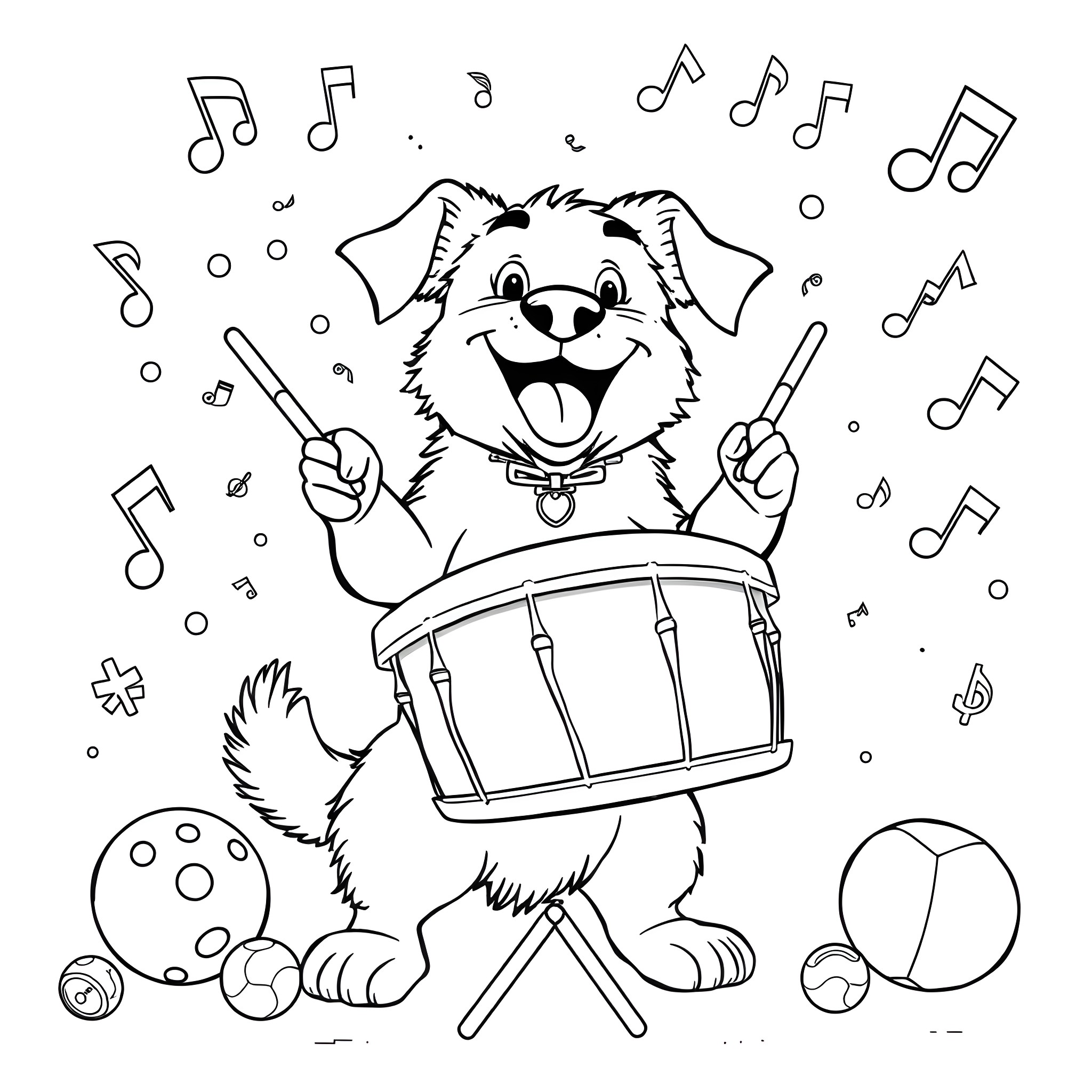 Dog playing drums joyfully with music notes Coloring Page (free black-and-white line drawing printable PDF for all, from beginners to advanced learners, including children, teens, adults, and seniors)