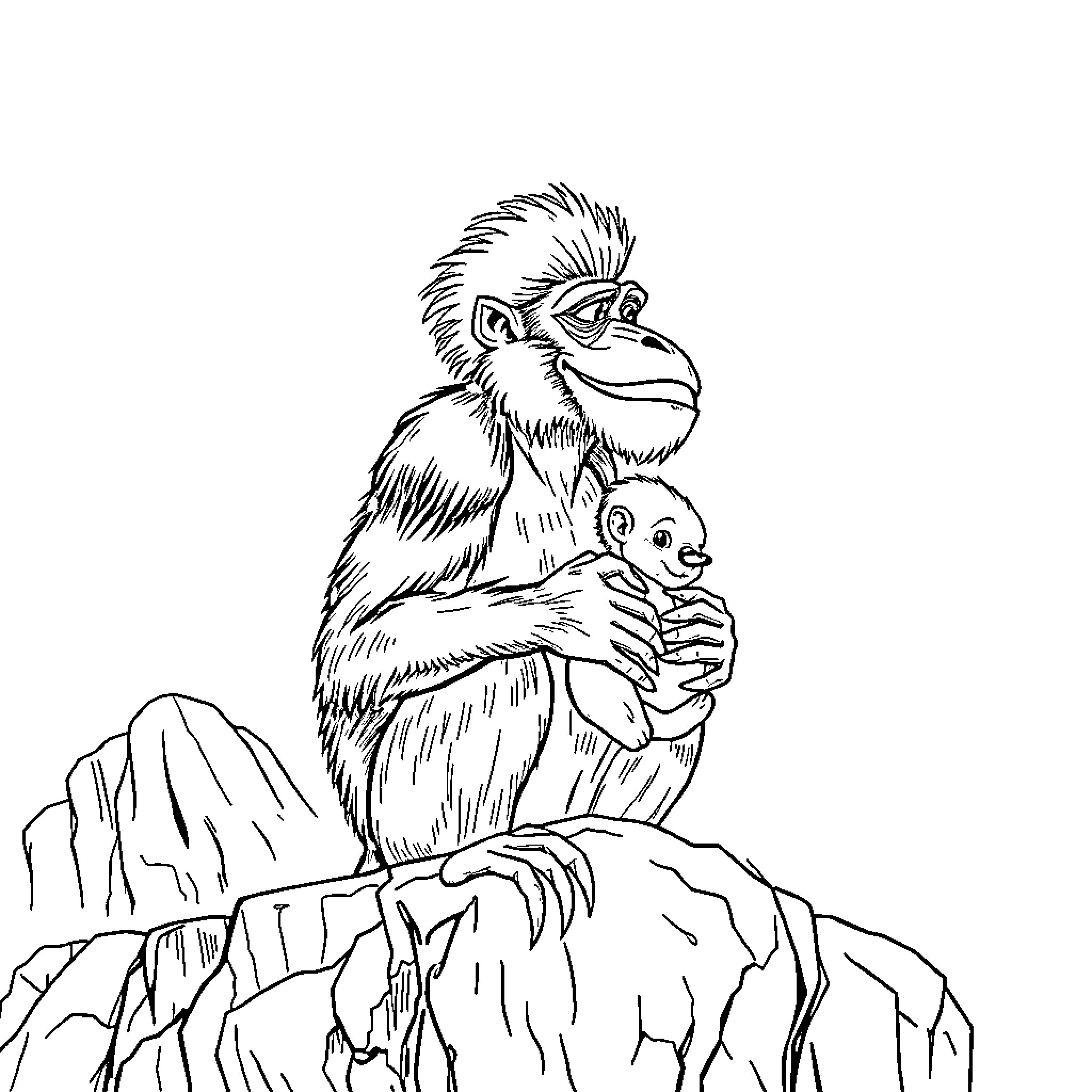 Lion guarding its young cub on a rocky cliff Coloring Page (free black-and-white line drawing printable PDF for all, from beginners to advanced learners, including children, teens, adults, and seniors)