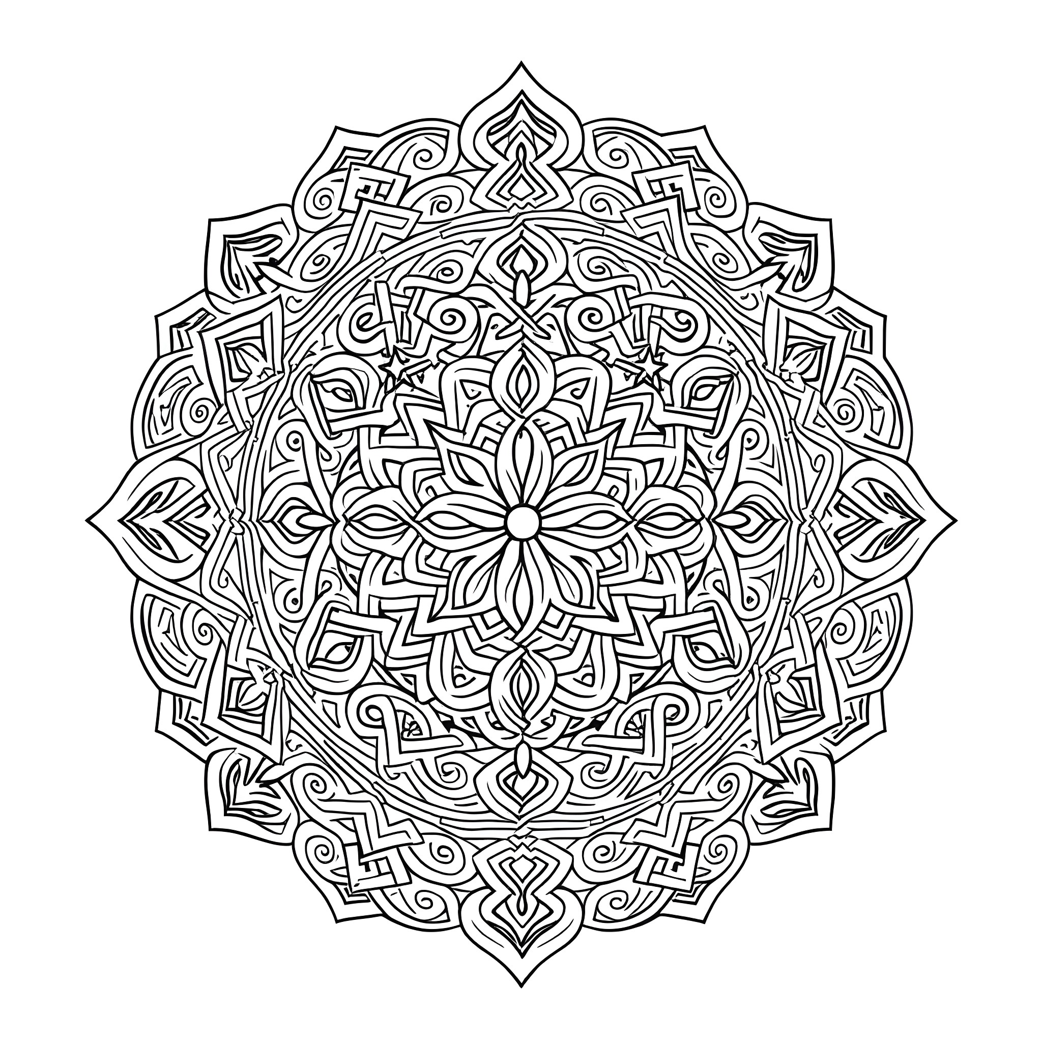 Celtic Design with Intricate Floral Mandala Coloring Page (free black-and-white line drawing printable PDF for all, from beginners to advanced learners, including children, teens, adults, and seniors)