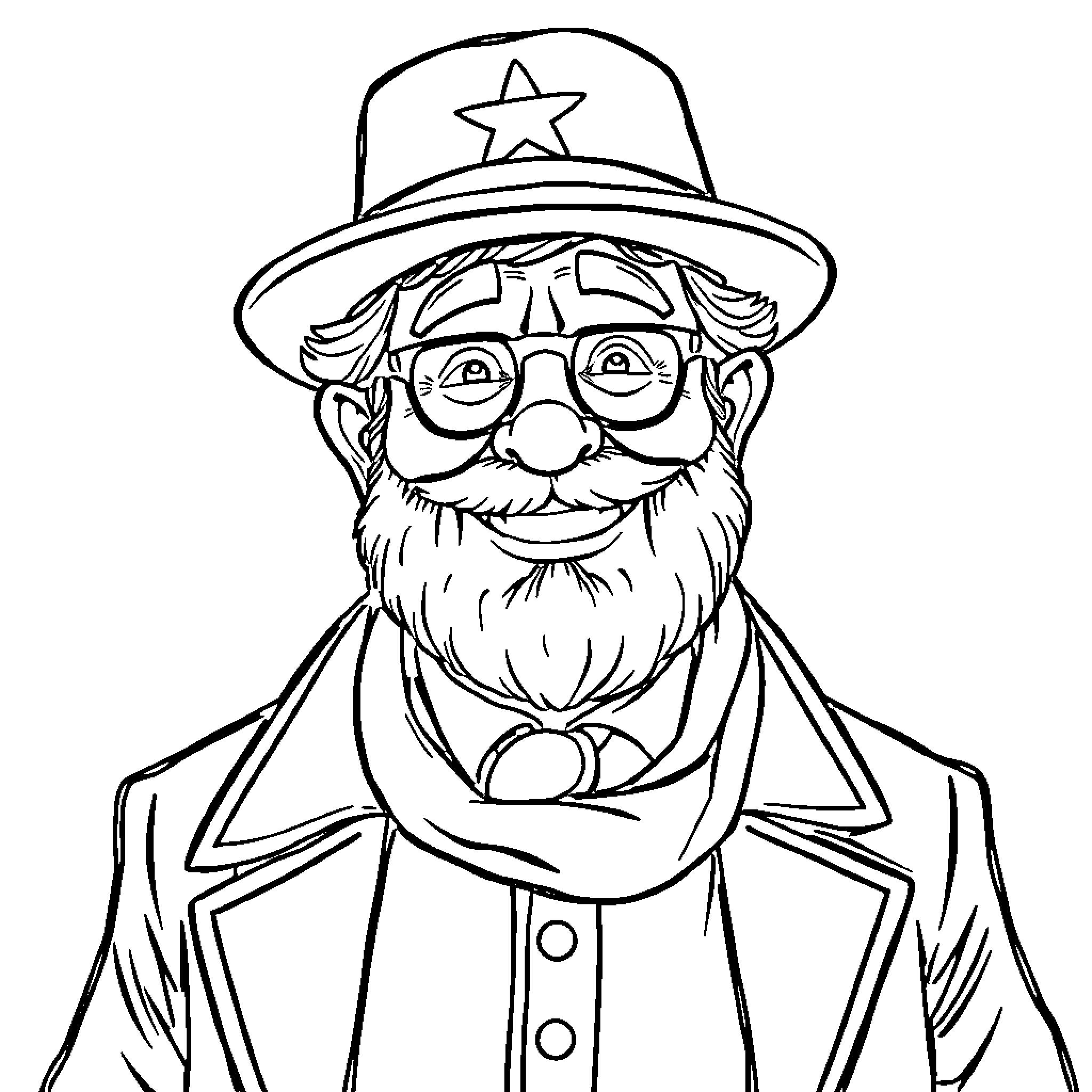 Rabbi with whimsical expression and eccentric attire Coloring Page (free black-and-white line drawing printable PDF for all, from beginners to advanced learners, including children, teens, adults, and seniors)