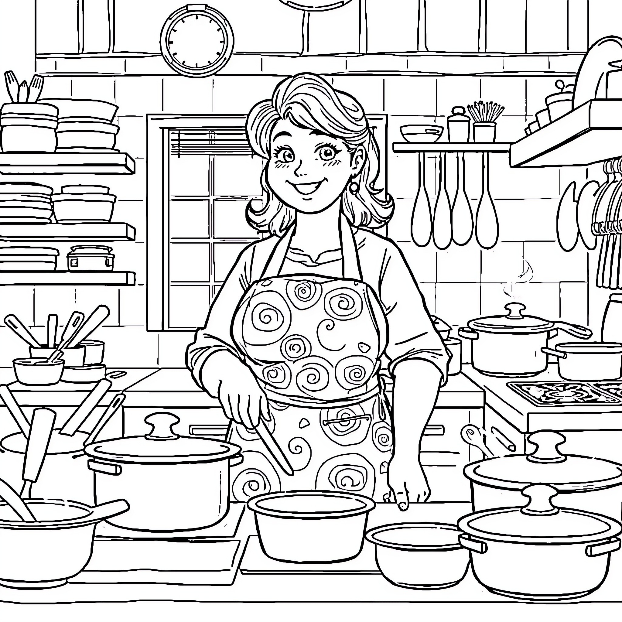 Mommy Preparing a Meal in the Kitchen Coloring Page (free black-and-white line drawing printable PDF for all, from beginners to advanced learners, including children, teens, adults, and seniors)