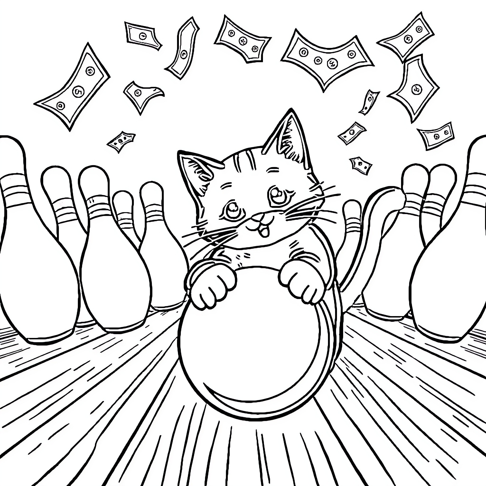 Cat bowling with money Coloring Page (free black-and-white line drawing printable PDF for all, from beginners to advanced learners, including children, teens, adults, and seniors)