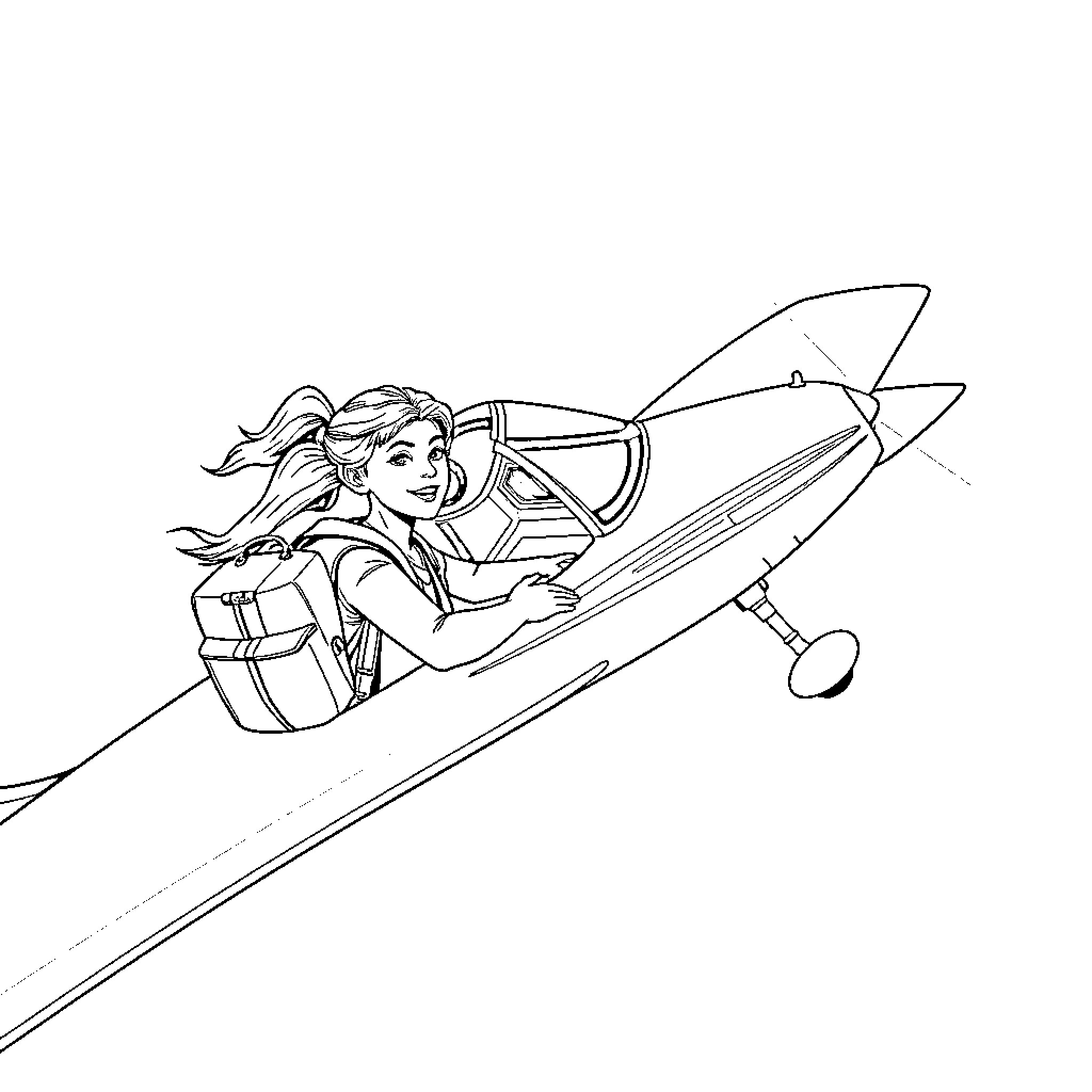 Woman piloting an aircraft with a backpack Coloring Page (free black-and-white line drawing printable PDF for all, from beginners to advanced learners, including children, teens, adults, and seniors)