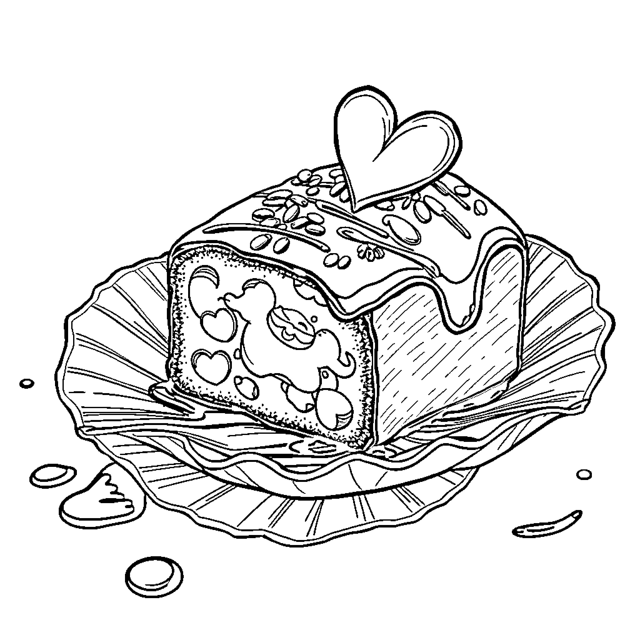 Chocolate Cake with Heart-Shaped Decoration Coloring Page (free black-and-white line drawing printable PDF for all, from beginners to advanced learners, including children, teens, adults, and seniors)