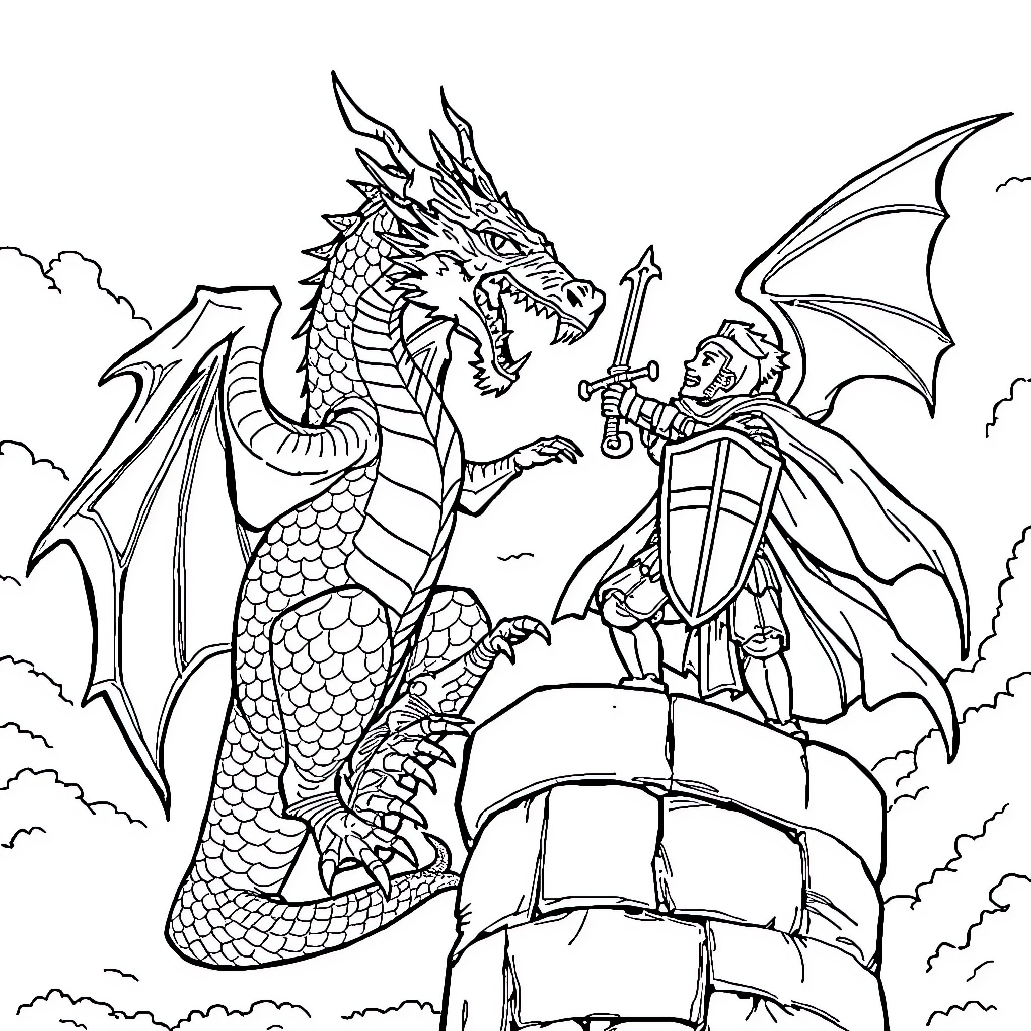 Dragon and Knight Confronting on Cloudy Cliffs Coloring Page (free black-and-white line drawing printable PDF for all, from beginners to advanced learners, including children, teens, adults, and seniors)